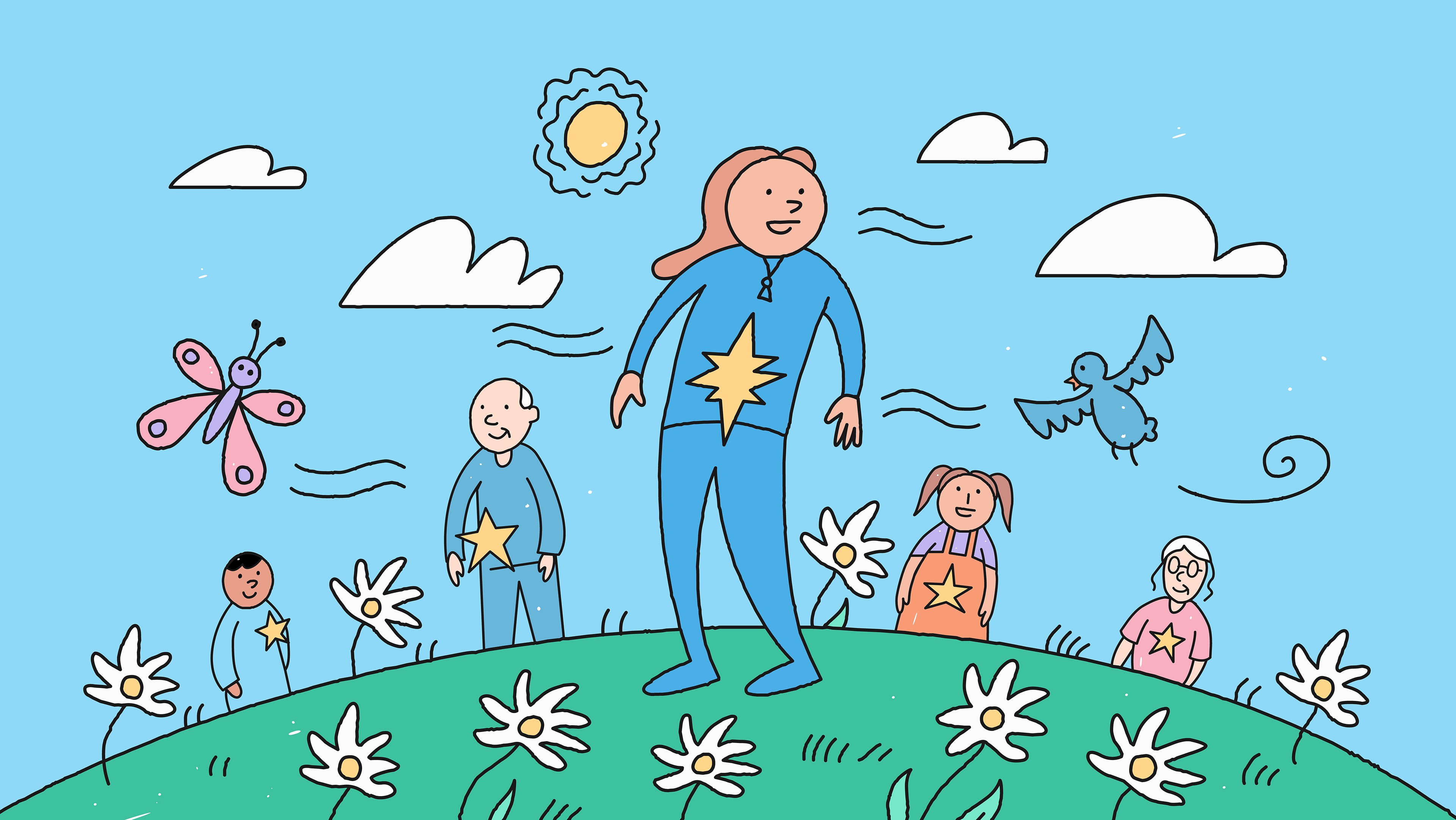 Filled illustration of a woman standing on the top of a hill looking triumphant. A bird and a butterfly are alongside her with the sun shining on her.