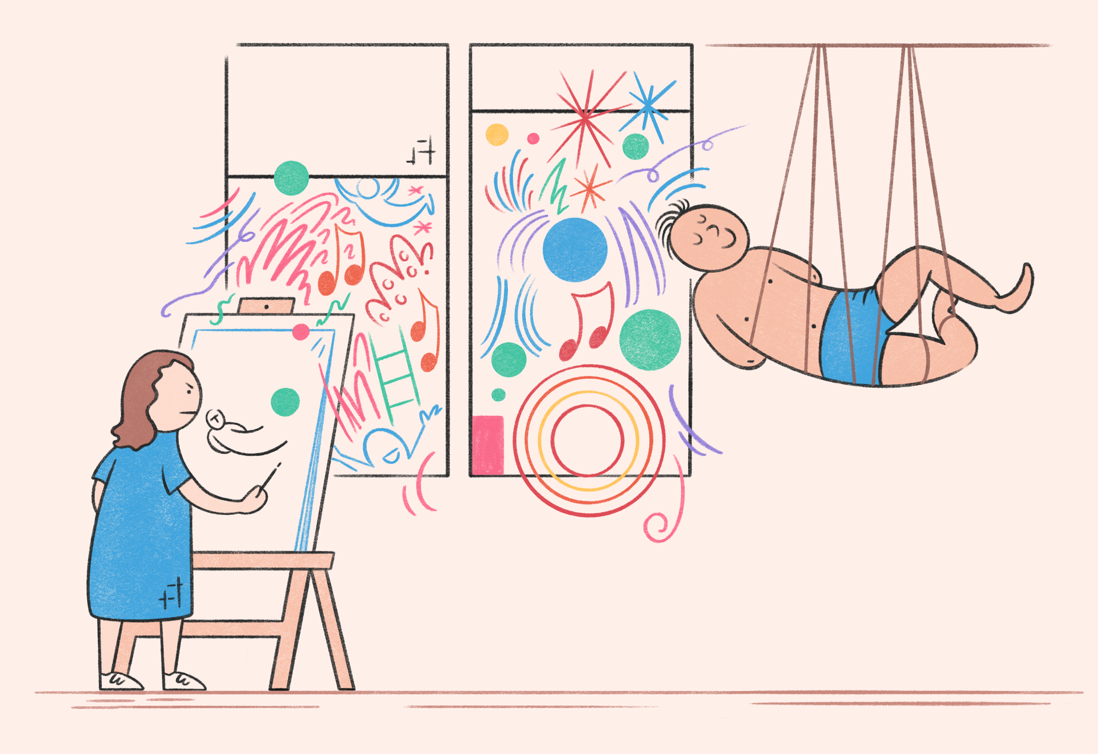 A woman draws a figure in a complex pose while the noise of a festival outside disturbs her focus and spills out onto her canvas.