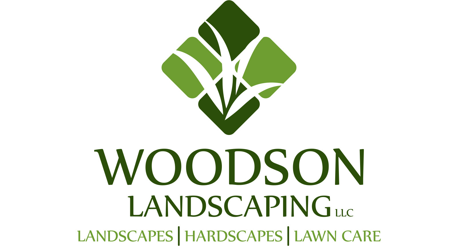 Woodson Landscaping logo featuring a geometric green landscape and hardscape symbol.