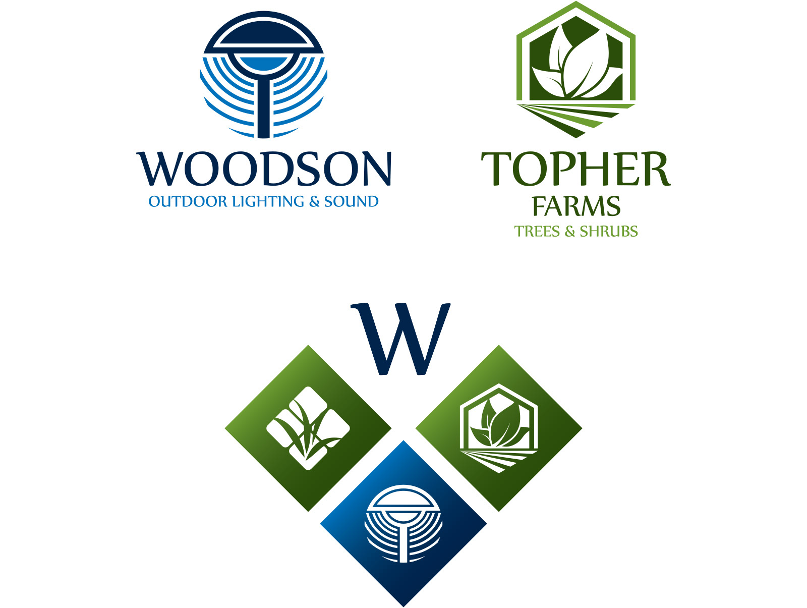 Woodson Landscaping division branding for Woodson Outdoor Lighting & Sound and Topher Farms Trees & Shrubs, shown individually and as a unified brand family.