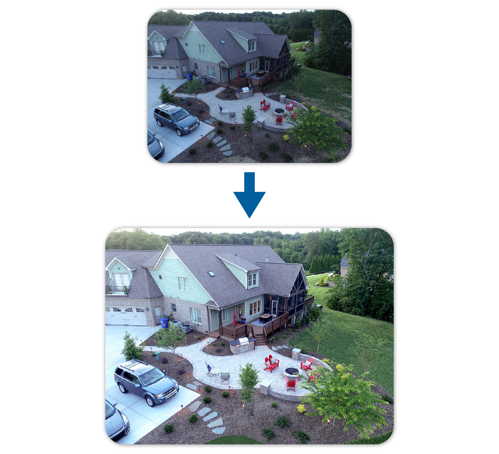 Before-and-after photo retouching of a Woodson Landscaping residential hardscape project.