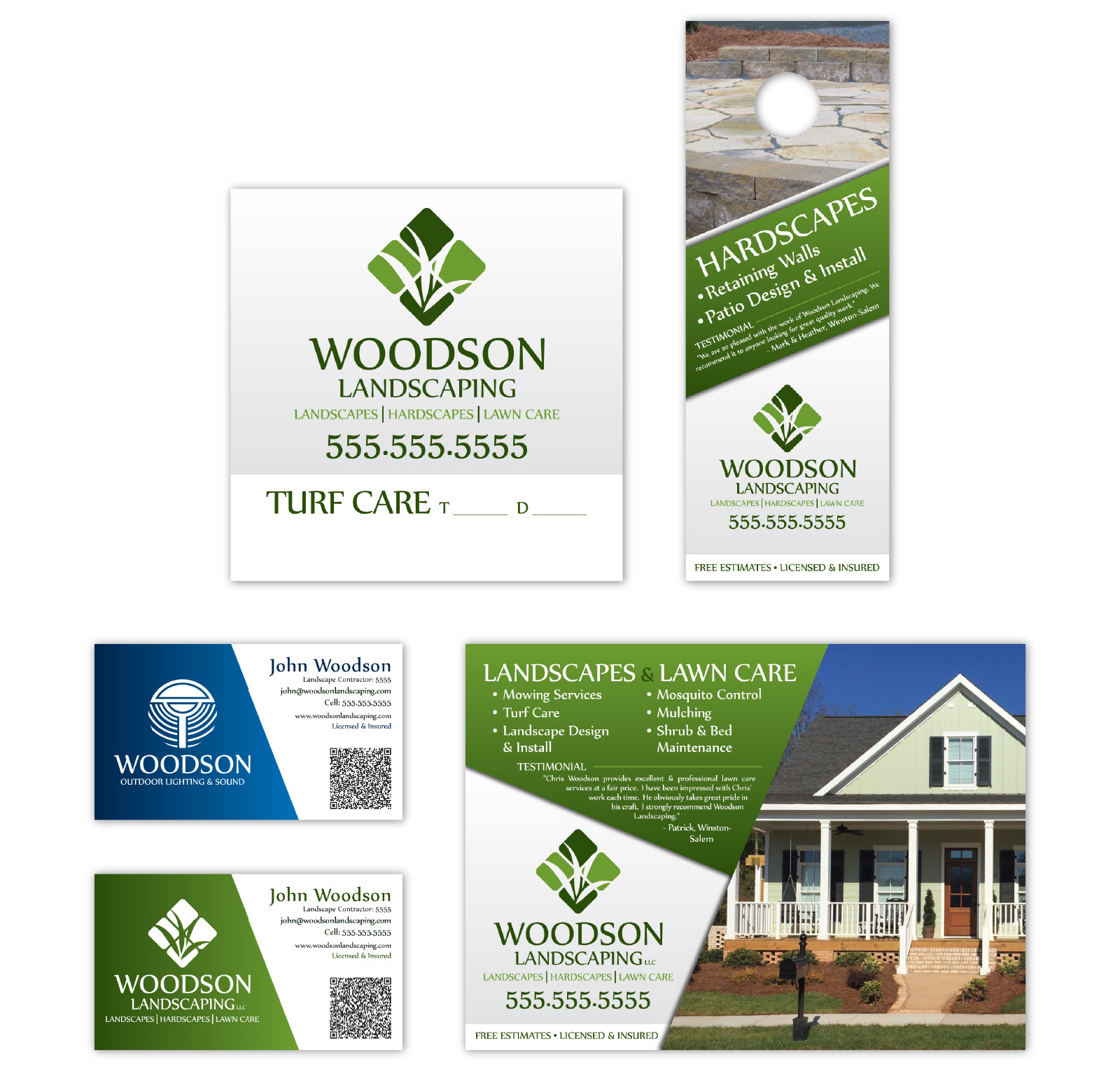 Woodson Landscaping marketing materials including service signs, door hanger, business cards, and direct mail advertising.