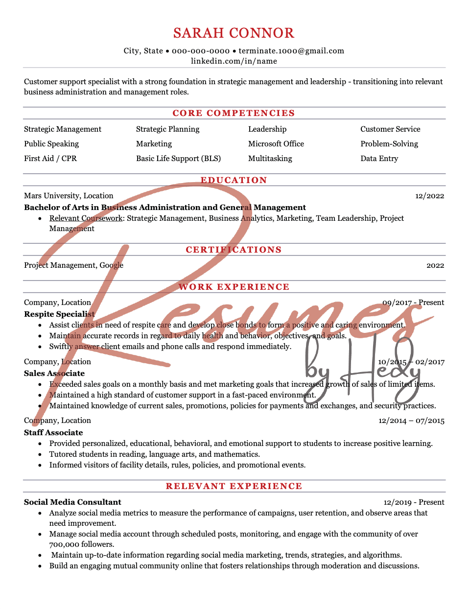 Business Admin Grad Resume