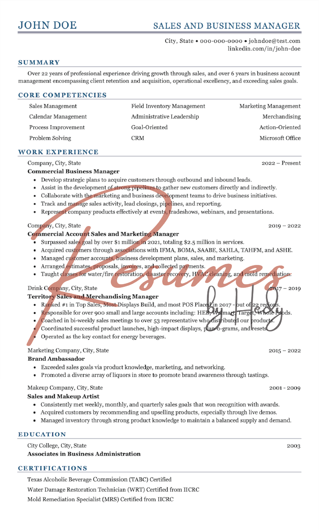 Sales and Business Manager Resume