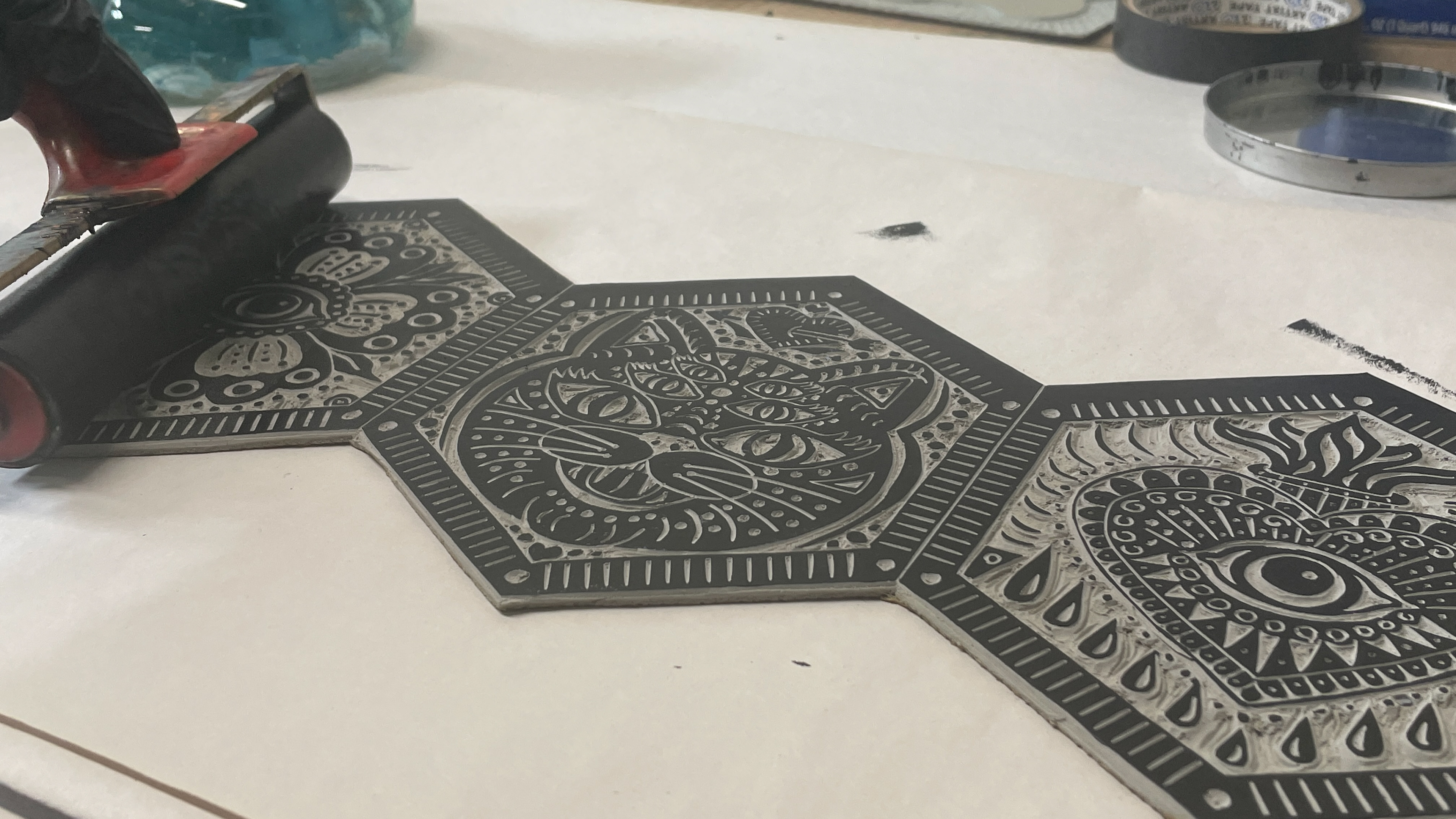 Inking the Purple Cat linoleum block 