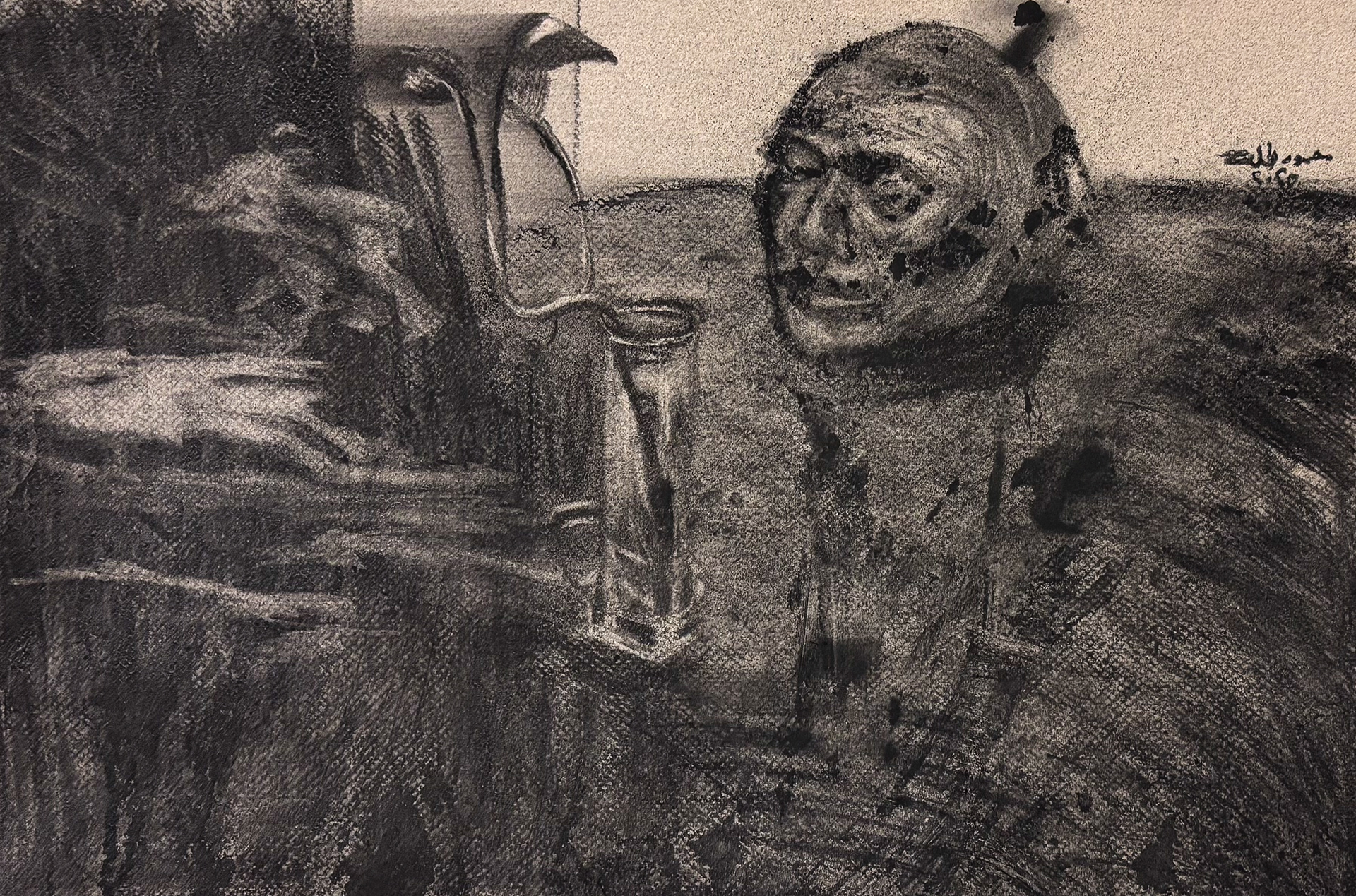 Charcoal on colored paper-Self portrait with plant