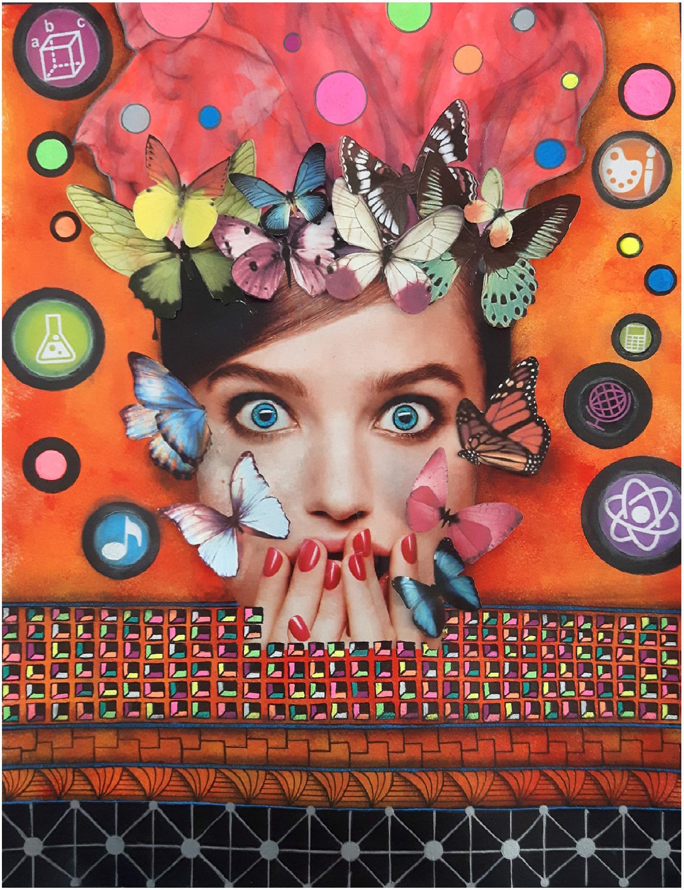 Titre: Liberté de penser. Format: 9″ x 12″ sur papier mixed media, Médiums: Acrylique, encre, fusain, collage.