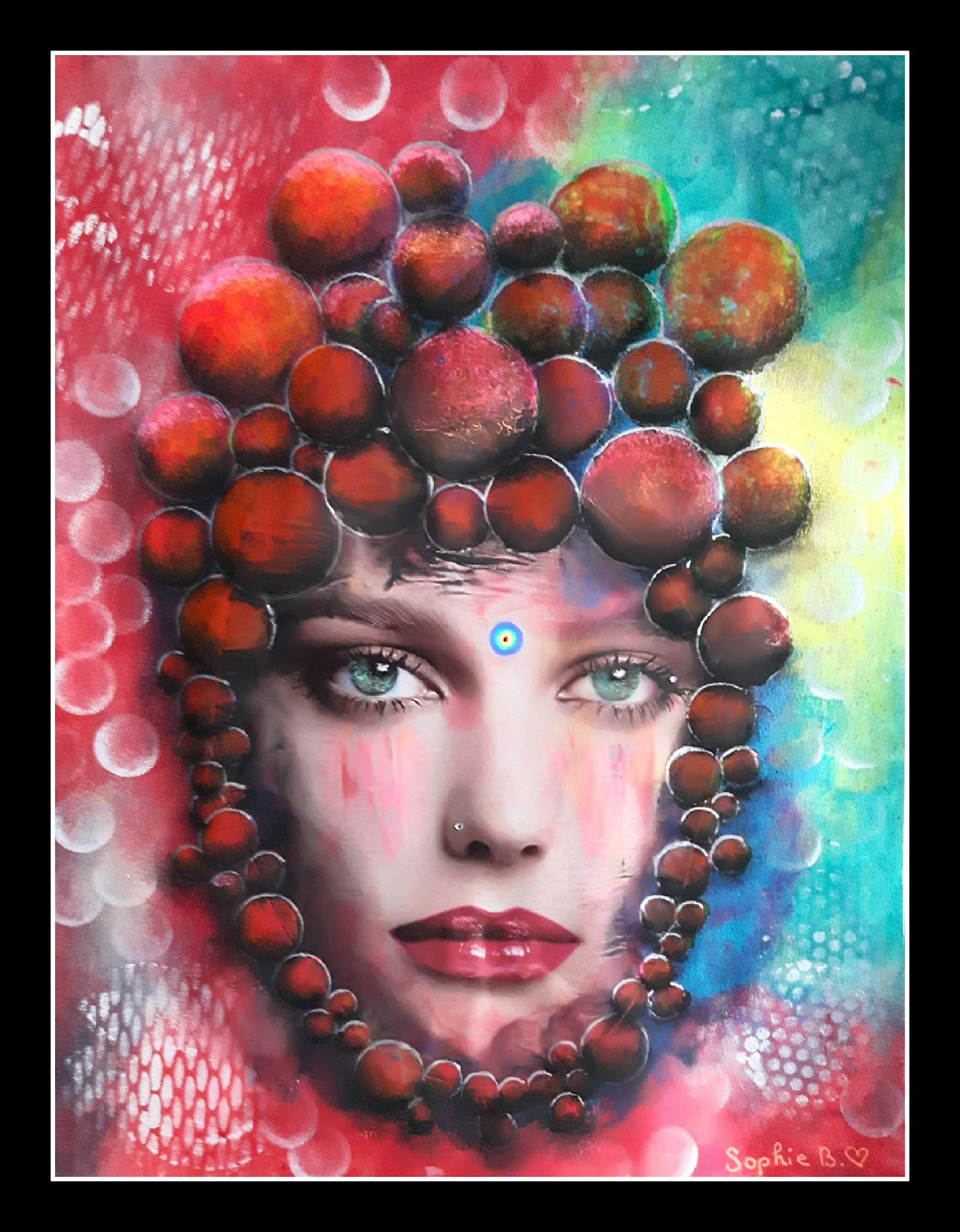 Titre: La tête pleine. Format: 9″ x 12″ sur papier mixed media, Médiums: Acrylique, encre, fusain, collage.
