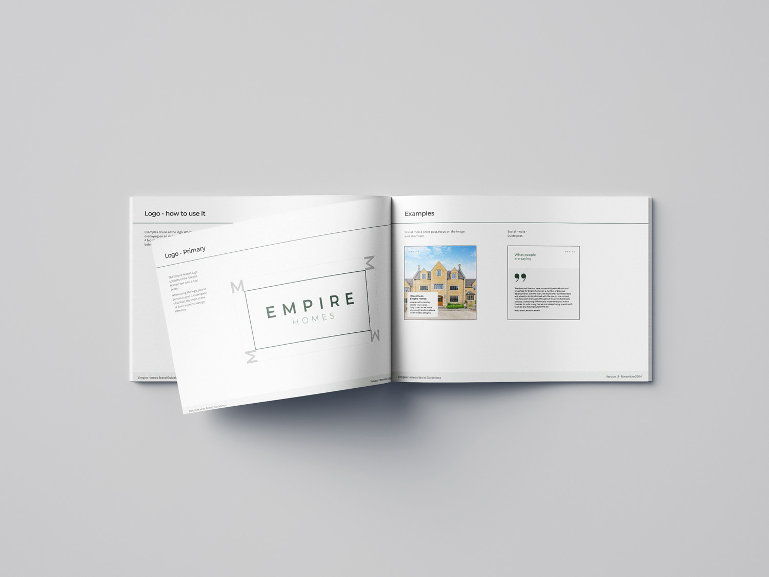 Finished branding guidelines with visual social media style.