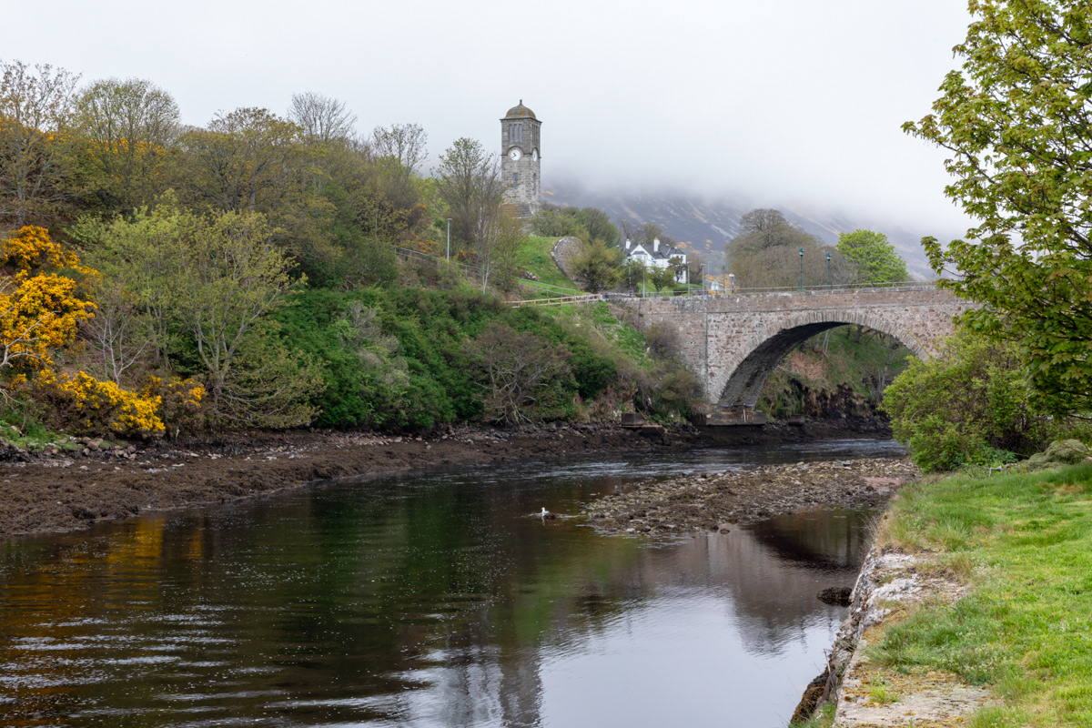 Helmsdale War Memorial across the River Helmsdale