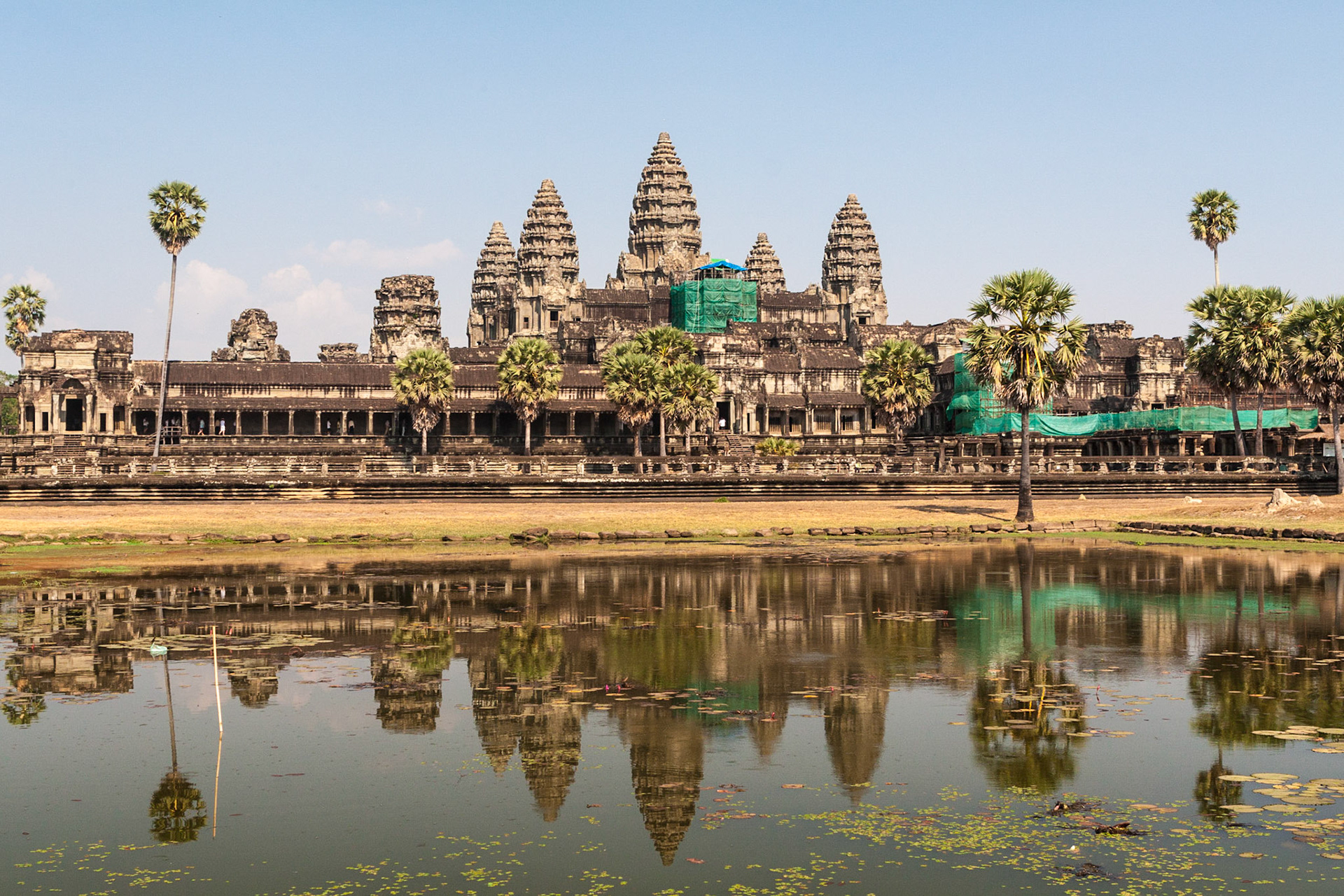 The Cambodian national symbol, Angkor Wat with its shadow in the sacred pond