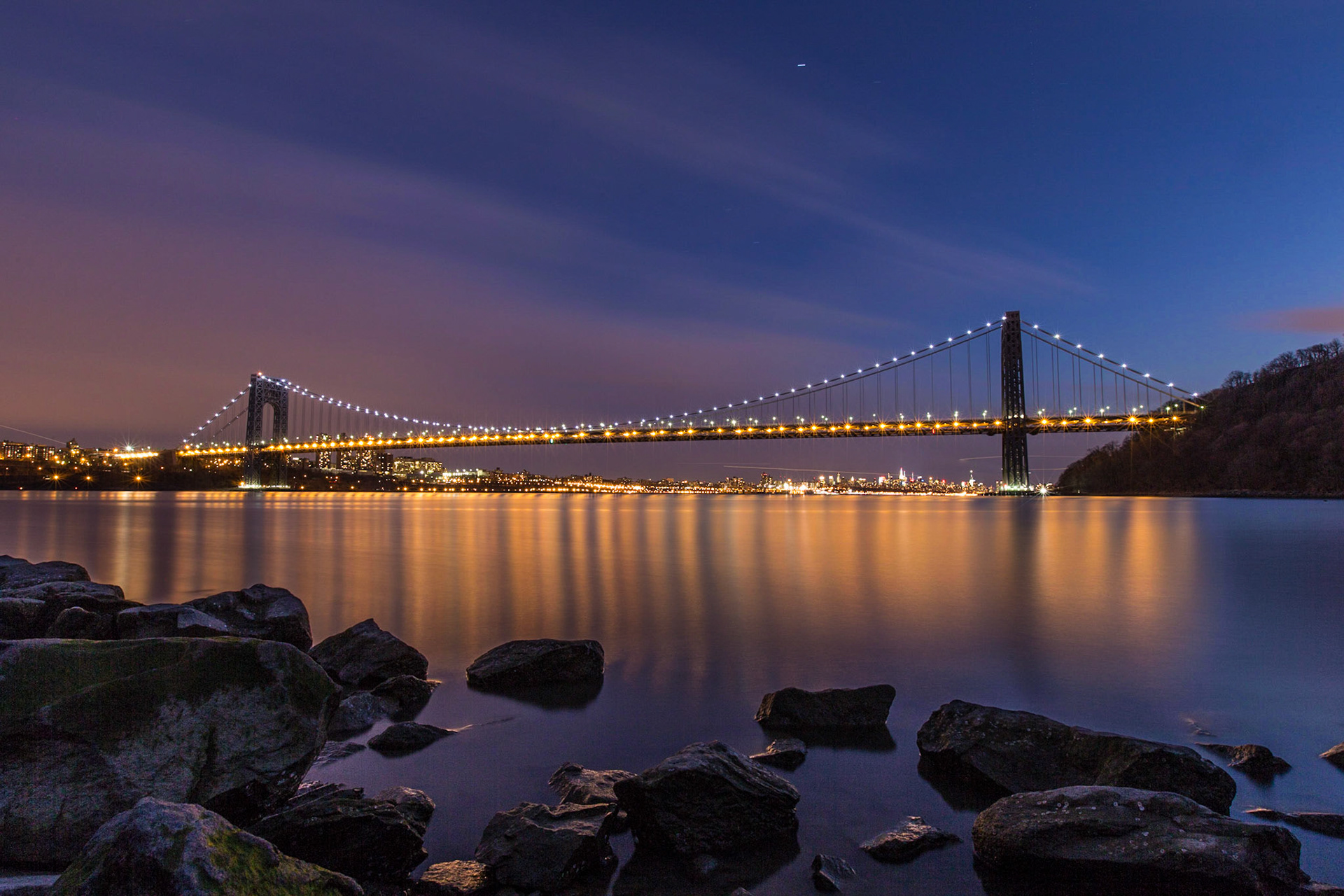Twilight view of the George Washington Bridge from New Jersey towards Manhattan