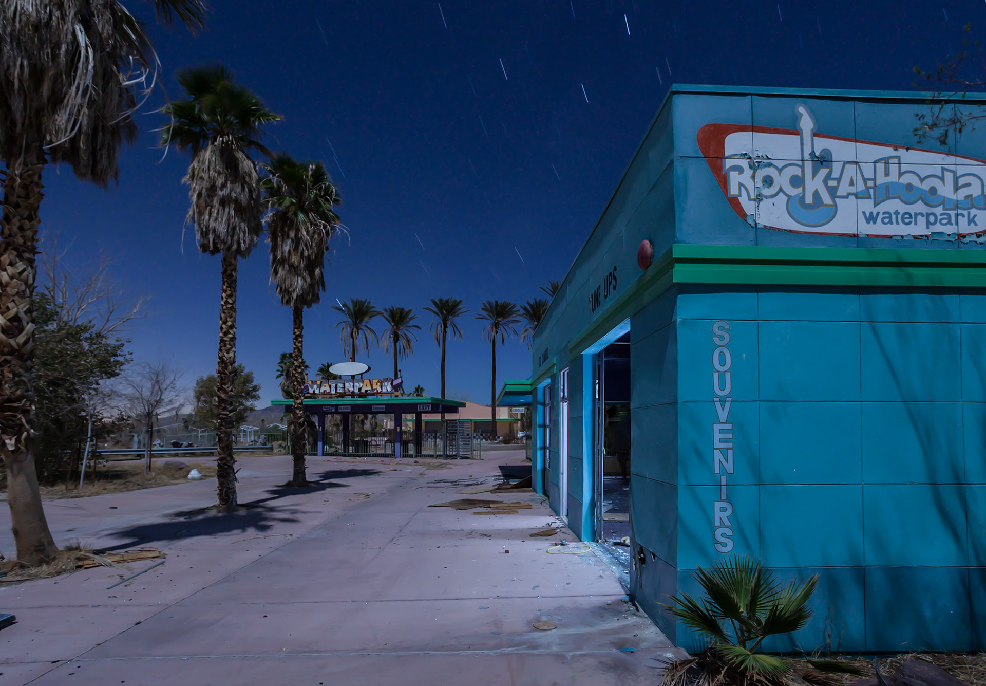 Night time long exposure at abandoned waterpark in the Mojave desert near Barstow