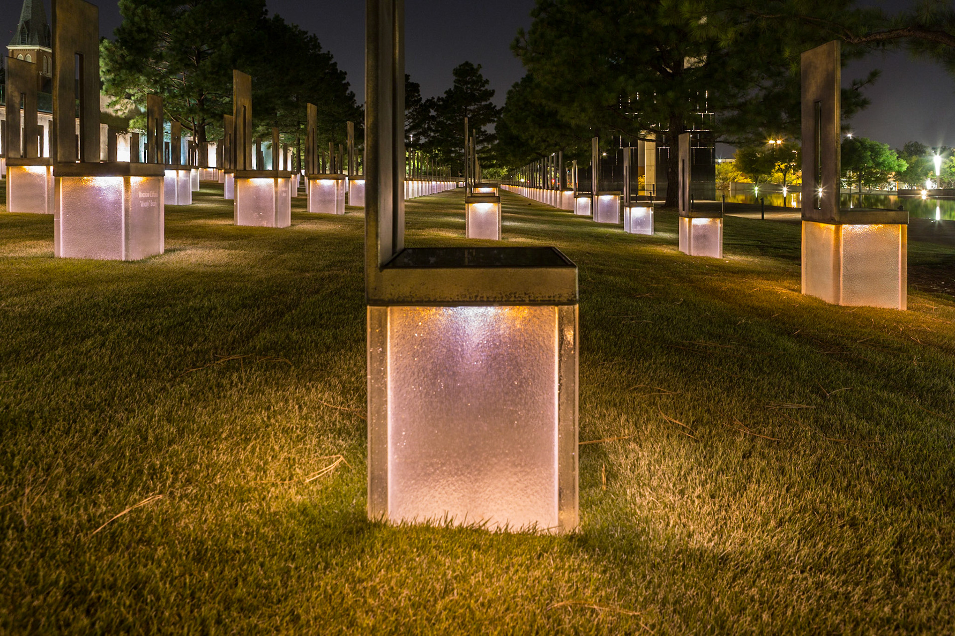 The Oklahoma City National Memorial at night