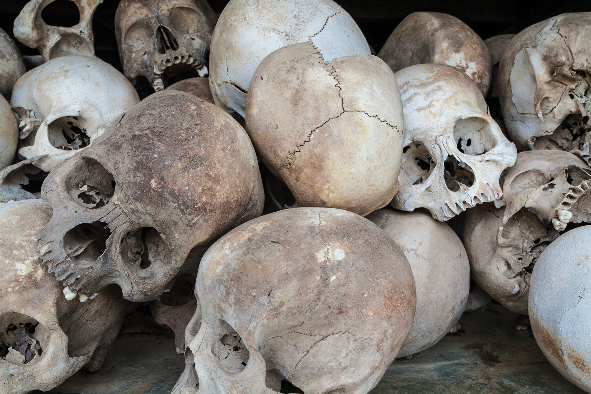 Sculls inside the stupa at the Killing Fields in Choeung Ek, outside of Phnom Penh, Cambodia