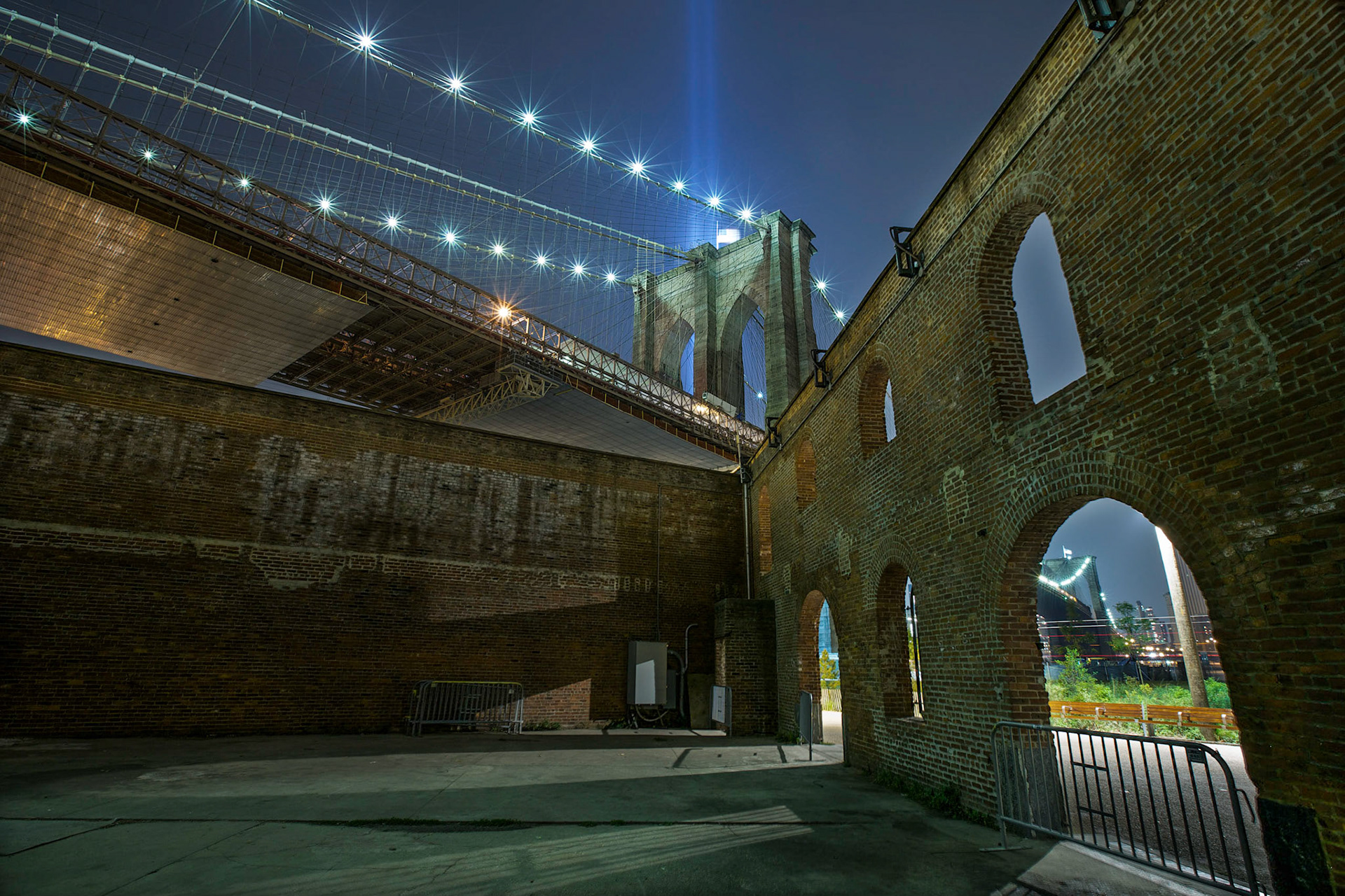 The Old Warehouse with the Eastern Brooklyn Bridge Pylon and the 9/11 lights