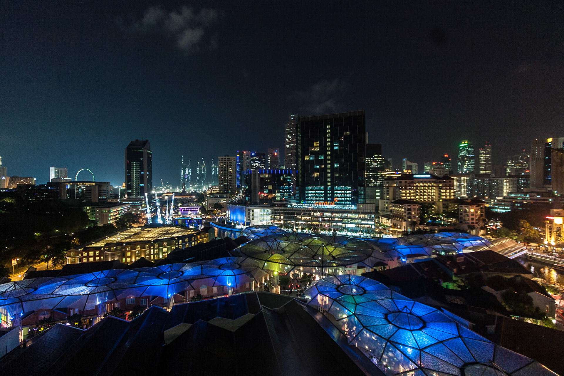 View over Clarke Quay and the Singapore Skyline at night