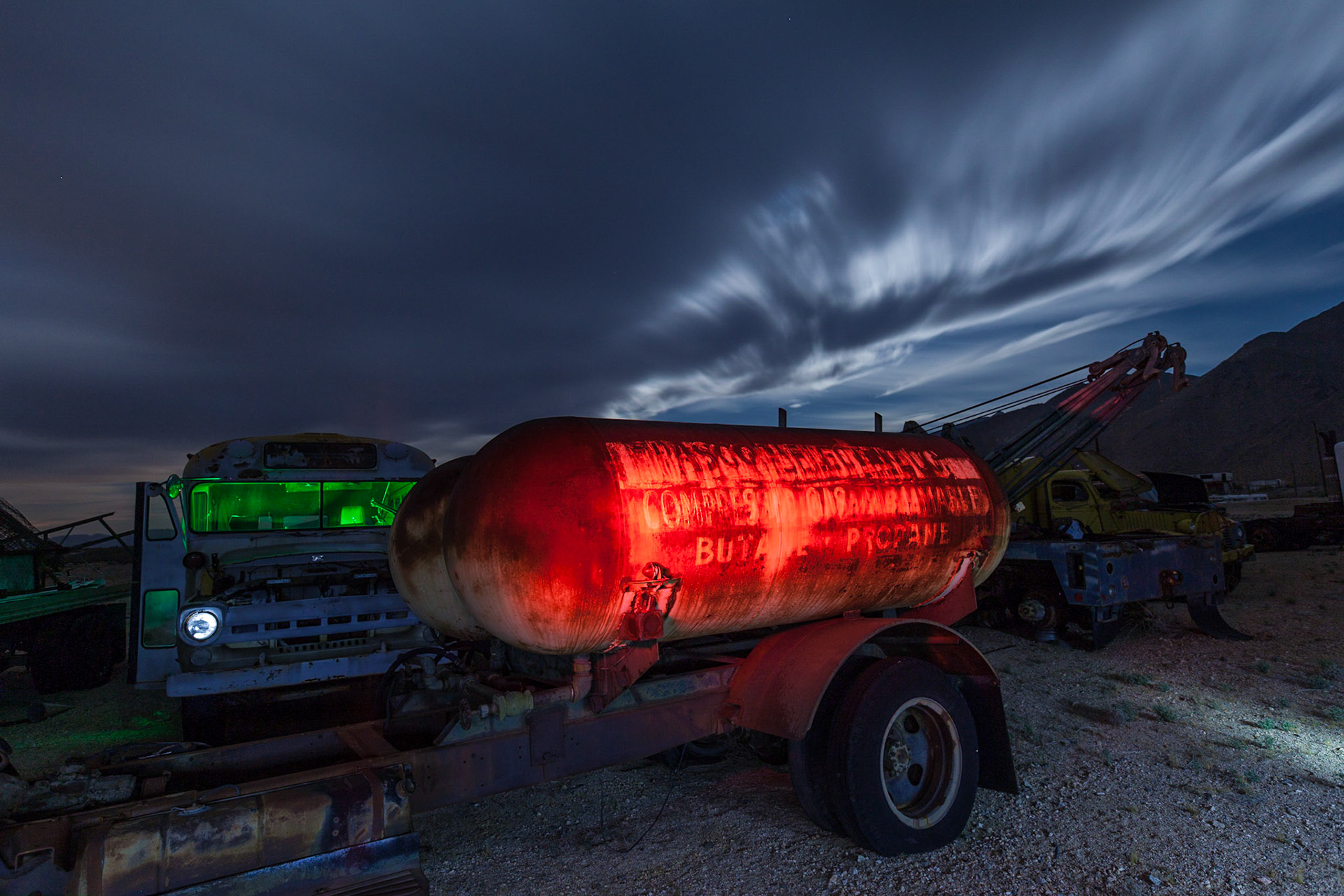 Night photography at the Pearsonville junkyard