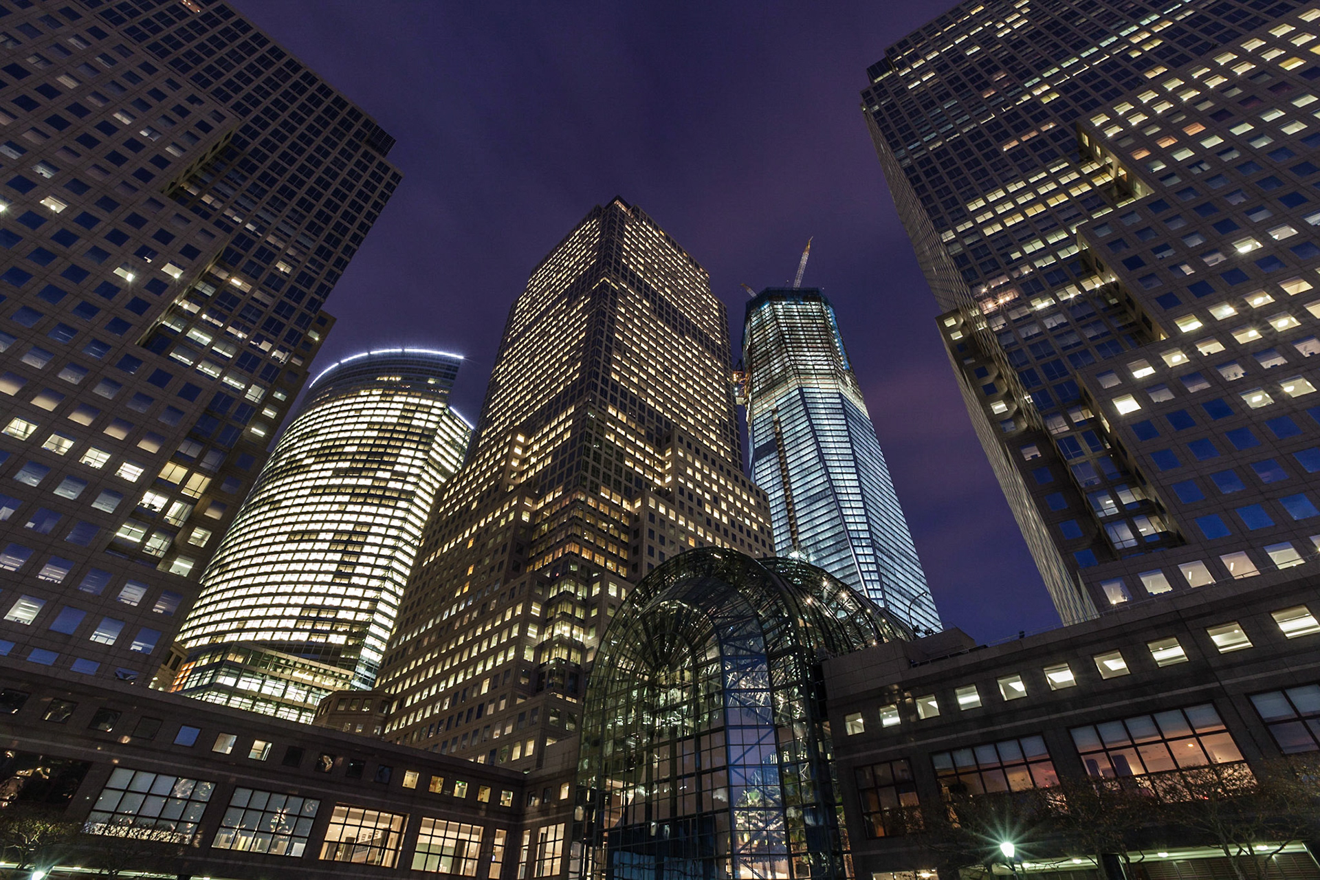 Battery Park City skyline after sunset with the new World Trade Center rising