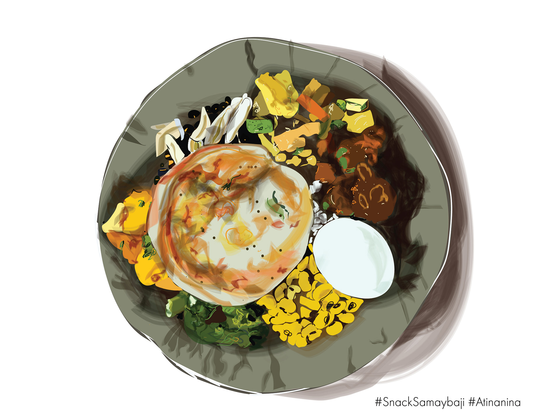 Samay/Khuchi bhoye - I like this mini version of the Samaj baji eaten as a snack in various festivals as a feast. While eating this food, there is no allocation of the seats in a hierarchical way, like how people do while eating samaj baji. It consists, beaten rice, black beans pancakes, blackeye peas, ginger, garlic, potato, egg, other beans, pumpkins curry, meat, fish, leaf curry, and barley alcohol. It is served in a bowl leaf stitched with thin sticks.