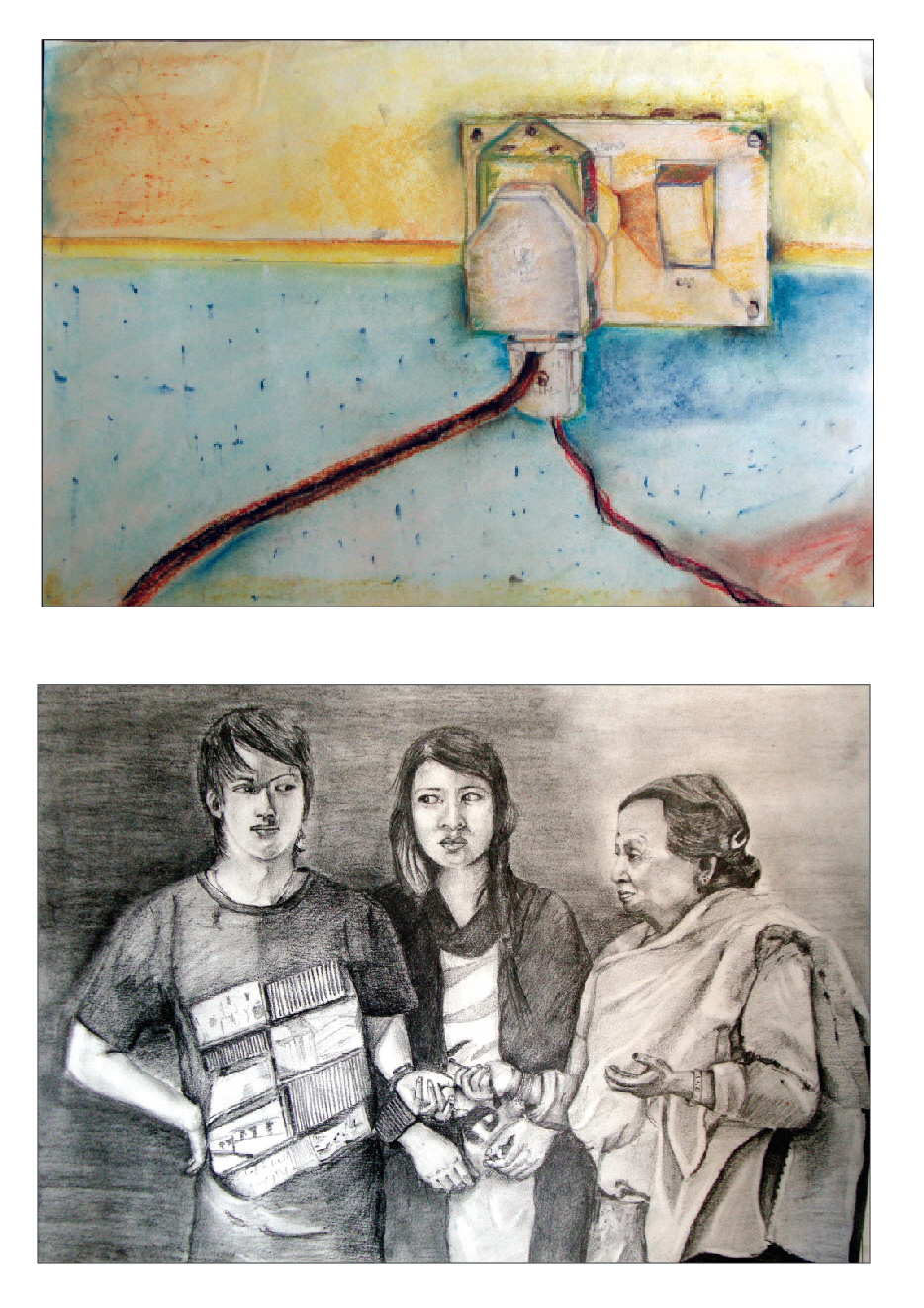 Oil Pastel & Masterpiece copy with self portrait and family