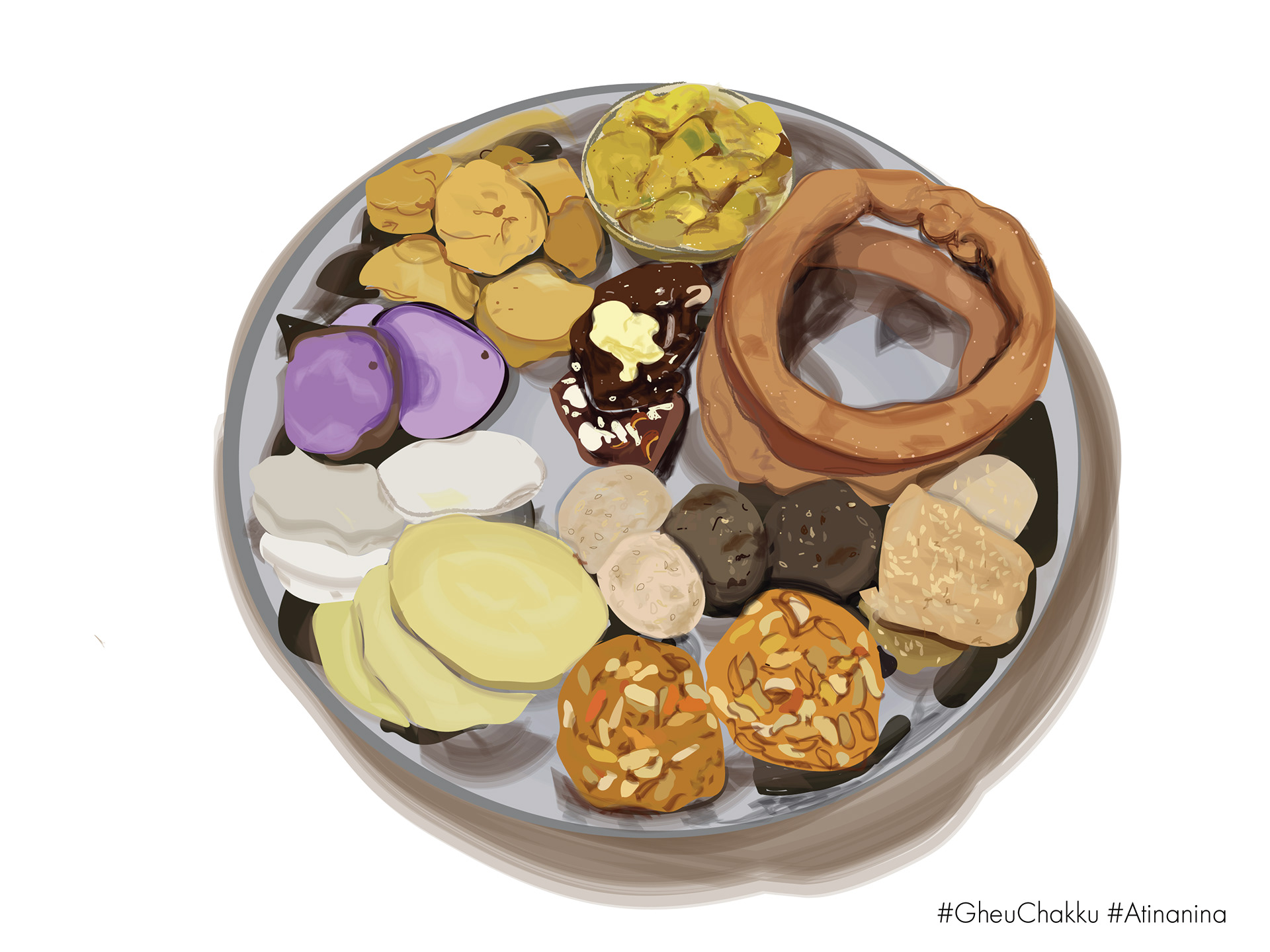 Gheu-Chaku Taula,, Tarul, sweet potato – It is a special day to eat all the ingredients like Chaku, Tarul, ghee, Sweet potatoes, sesame sweets, and my granny or mom add a tablespoon of oil on our head and pat to soak in with blessing to live healthier and longer life. I end up asking mom to massage my whole hair bathing in the sun with the sweets on my plate and enjoying it.