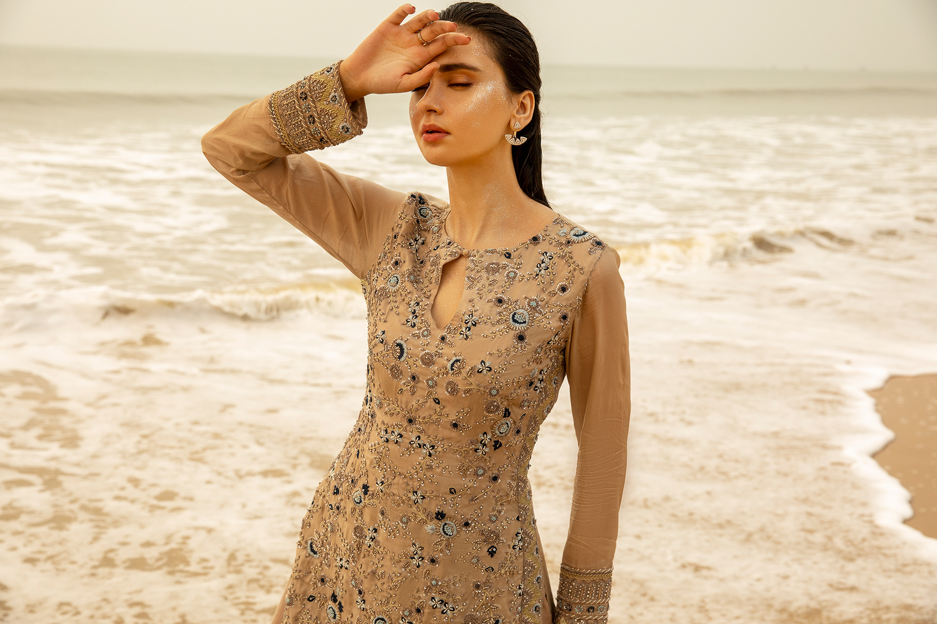 Campaign shoot by saswata raha for bridal wear by the designer house sequins & pearls by the sea beach