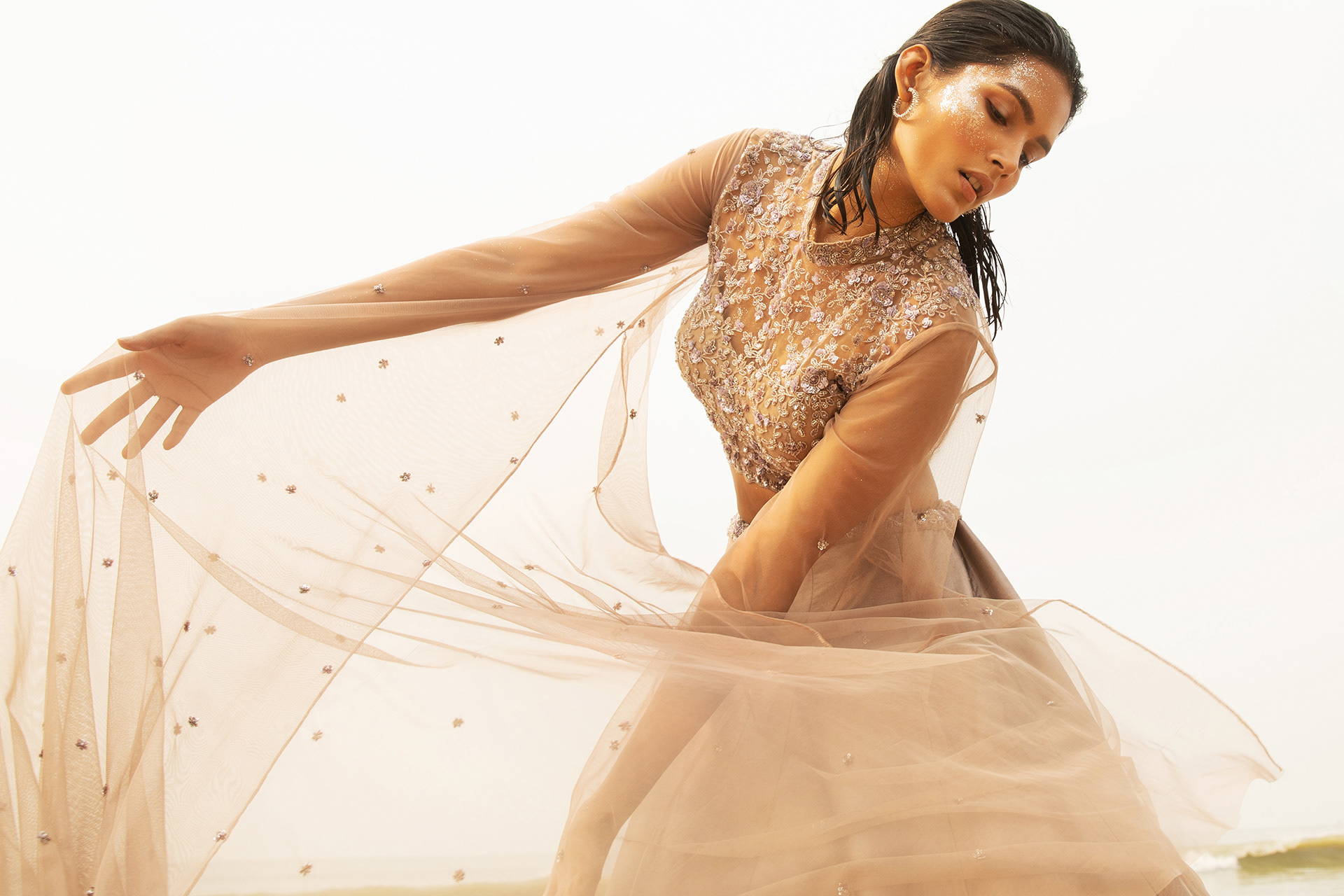 Campaign shoot by saswata raha for bridal wear by the designer house sequins & pearls by the sea beach