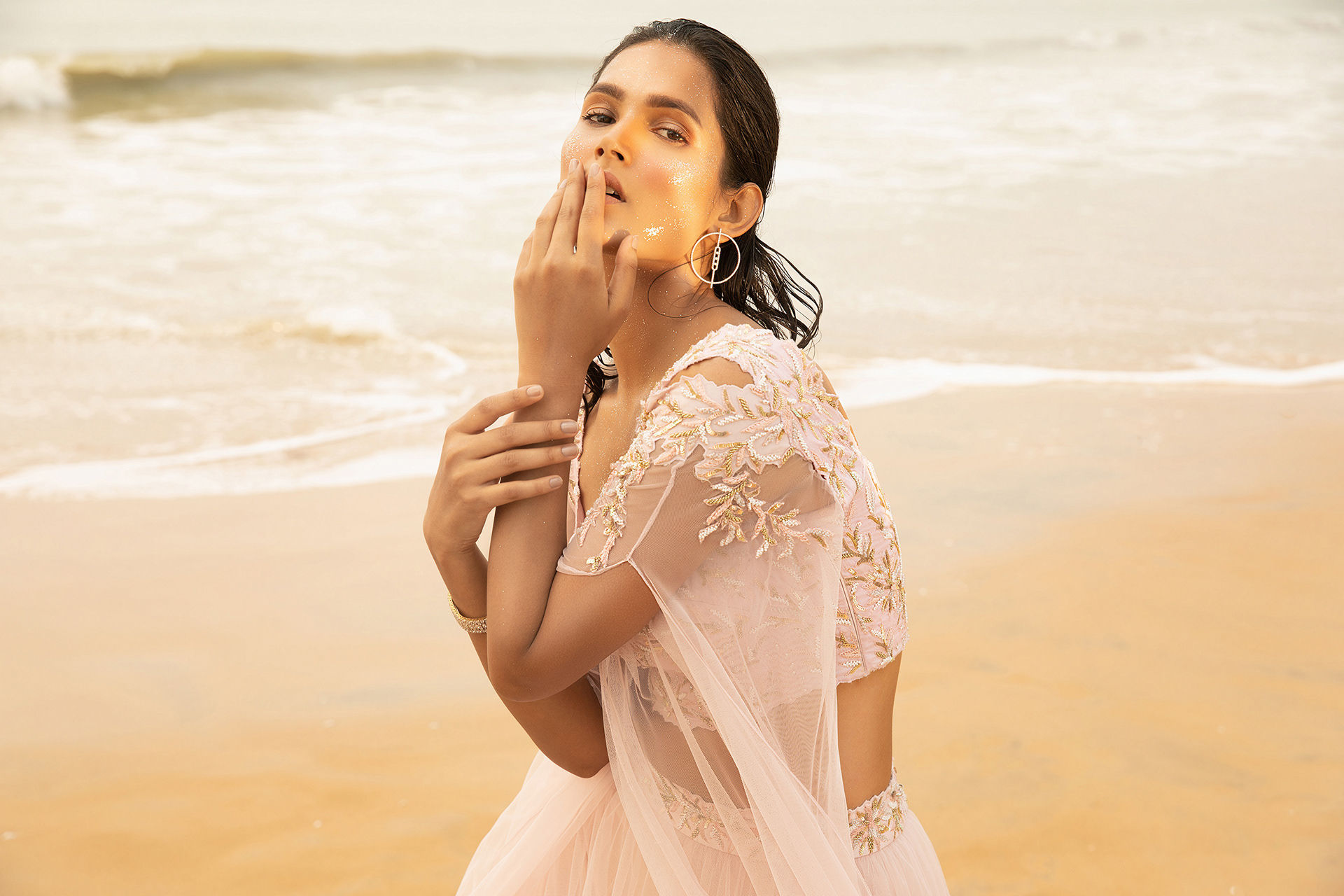 Campaign shoot by saswata raha for bridal wear by the designer house sequins & pearls by the sea beach