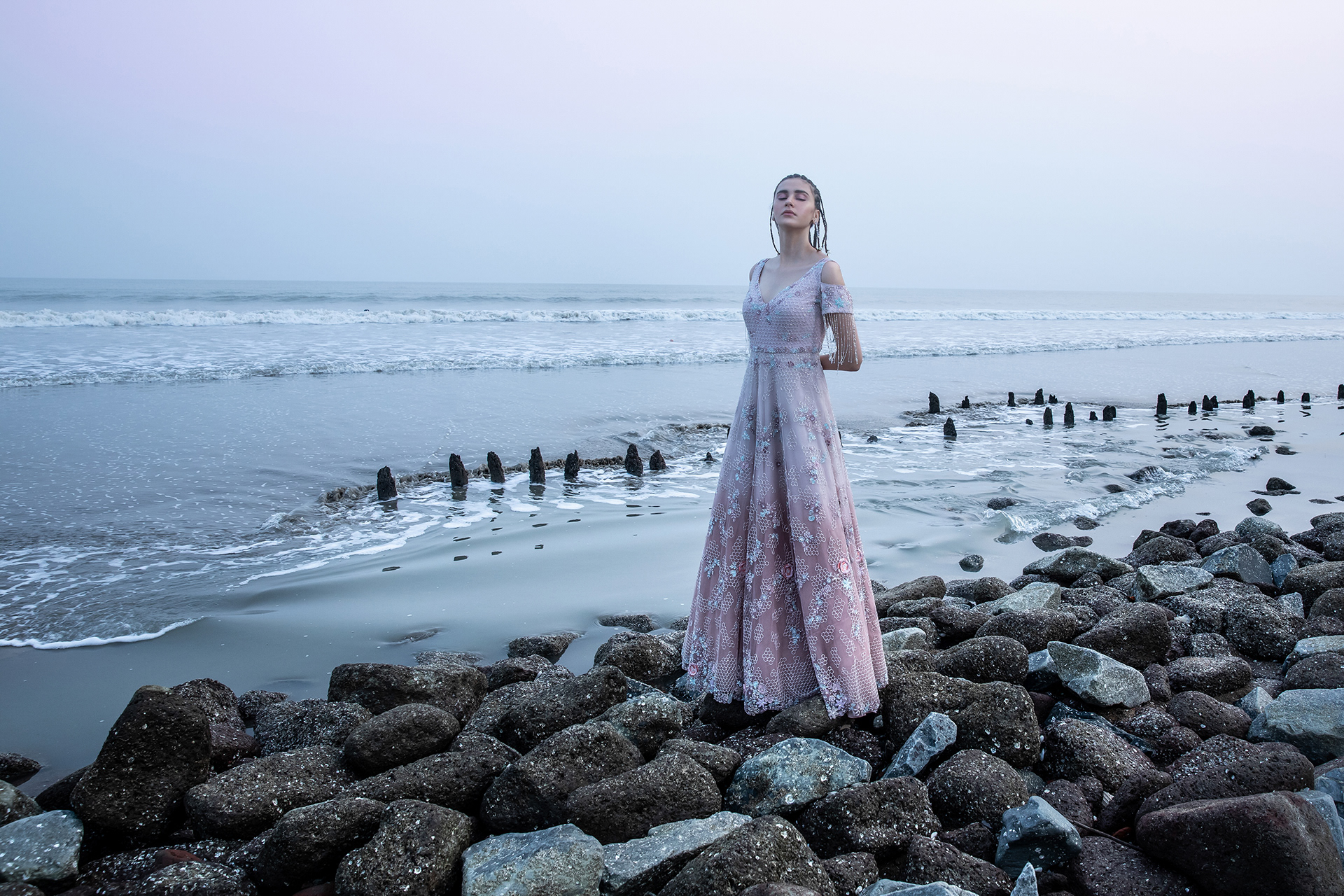 Campaign shoot by saswata raha for bridal wear by the designer house sequins & pearls by the sea beach