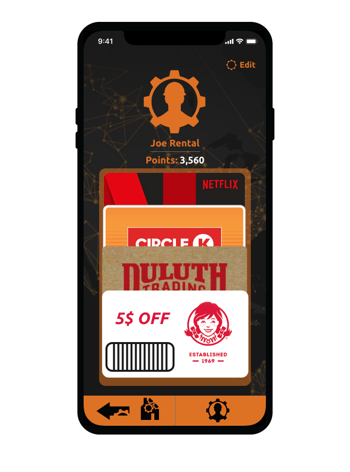 Utilizing ToolMap’s Rewards feature, contractors redeem points for git cards by renting equipment. Company sponsors such as Netlix and Wendy’s are shown in a digital wallet. This feature allows the desired card moves to the front of the wallet when selected to be scanned.