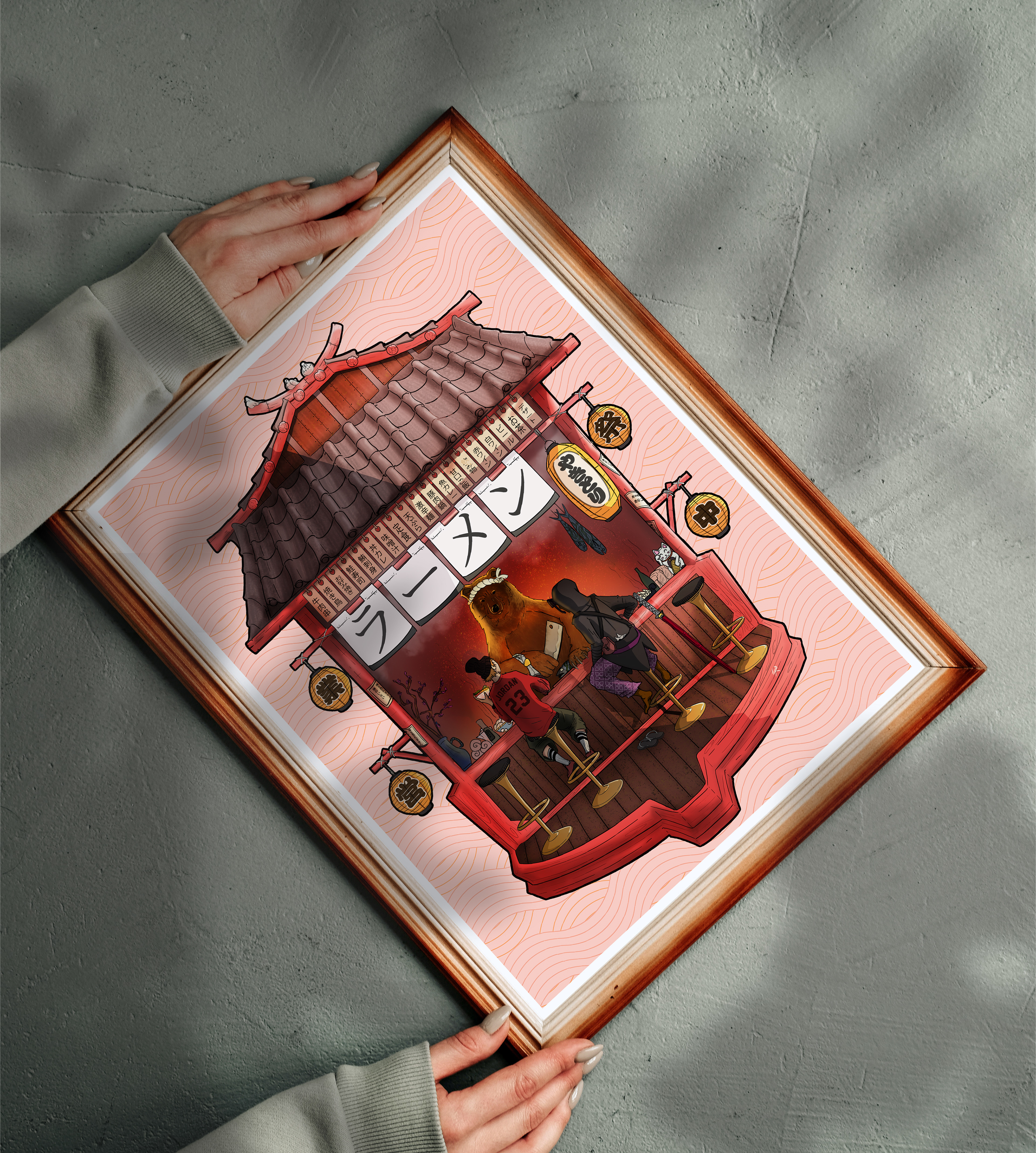 An art print. A so called 'ramen shop' with two peculiar looking guests and a even more peculiar looking chef.