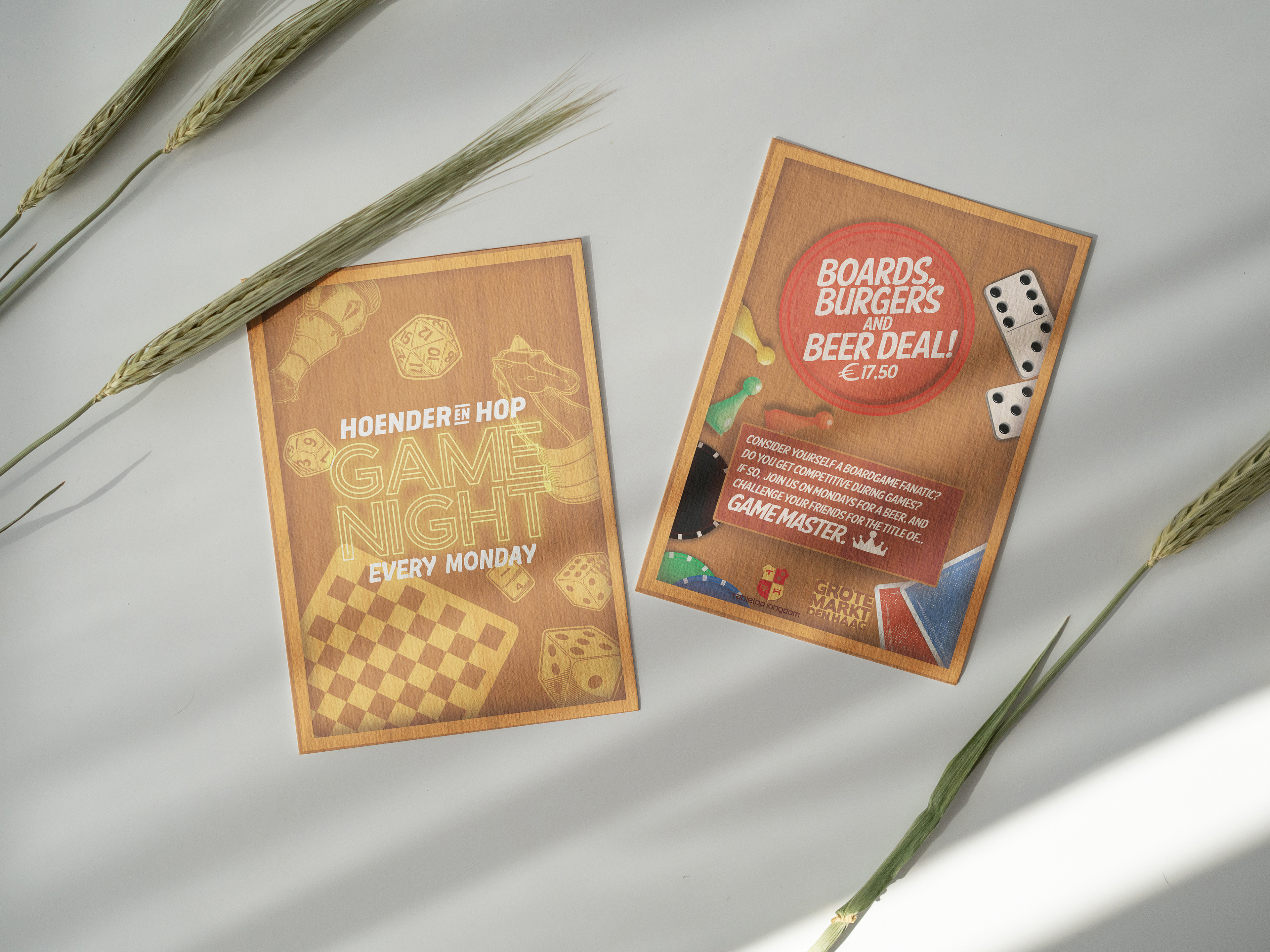 Boardgames burgers and beer! You'll find this flyer to tell you that is what's taking place every monday at 'Hoender en Hop'.