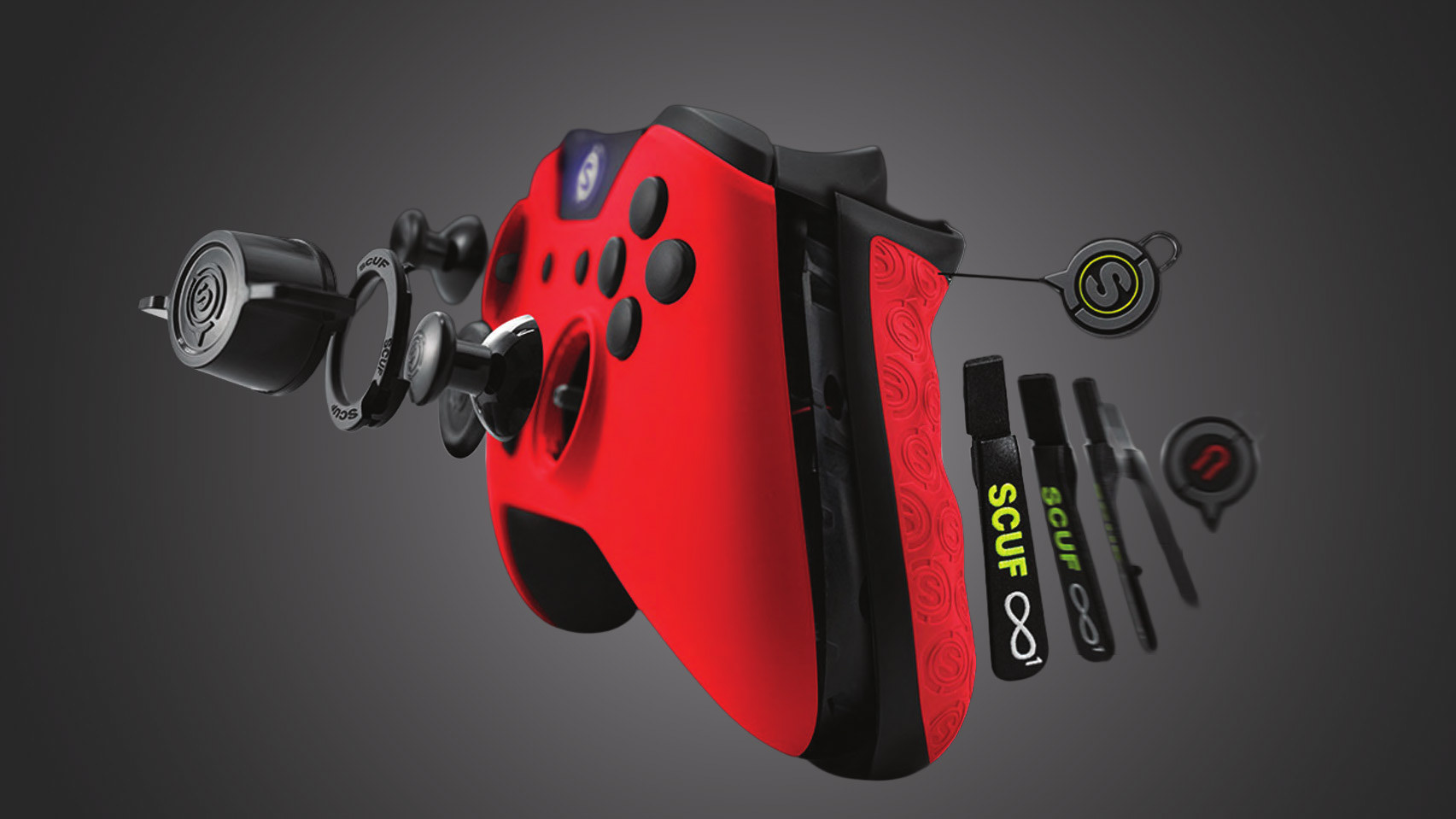 Custom image made for SCUF, used on the website as well as packaging, created with product photography and Photoshop compositing