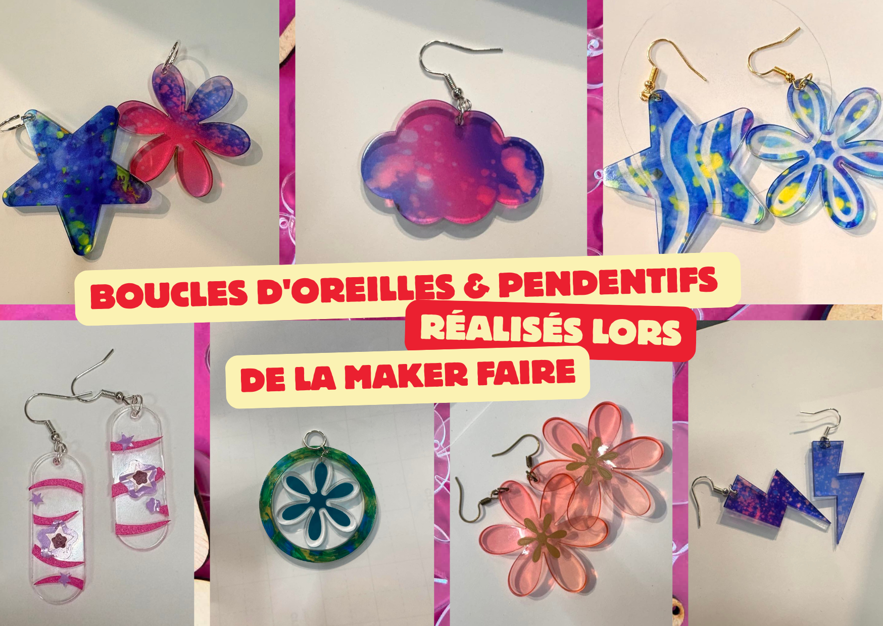 boucles d'oreilles et pendentifs plexiglas sublimé ou avec vinyle autocollant 