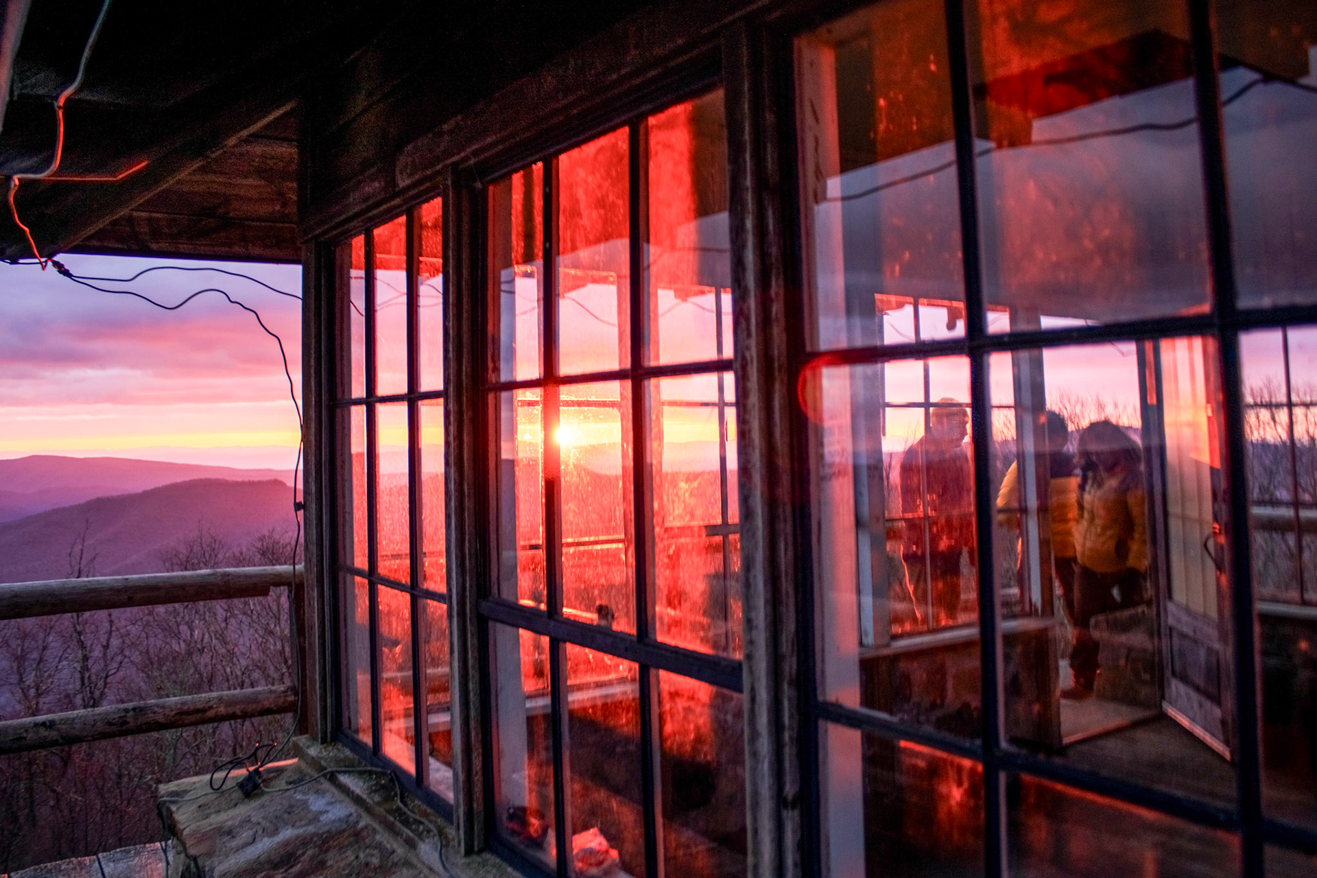 A sunrise view from High Knob Fire Tower looking east. High Knob is located on the Virginia - West Virginia border and is the last remaining stone fire tower in Virginia.