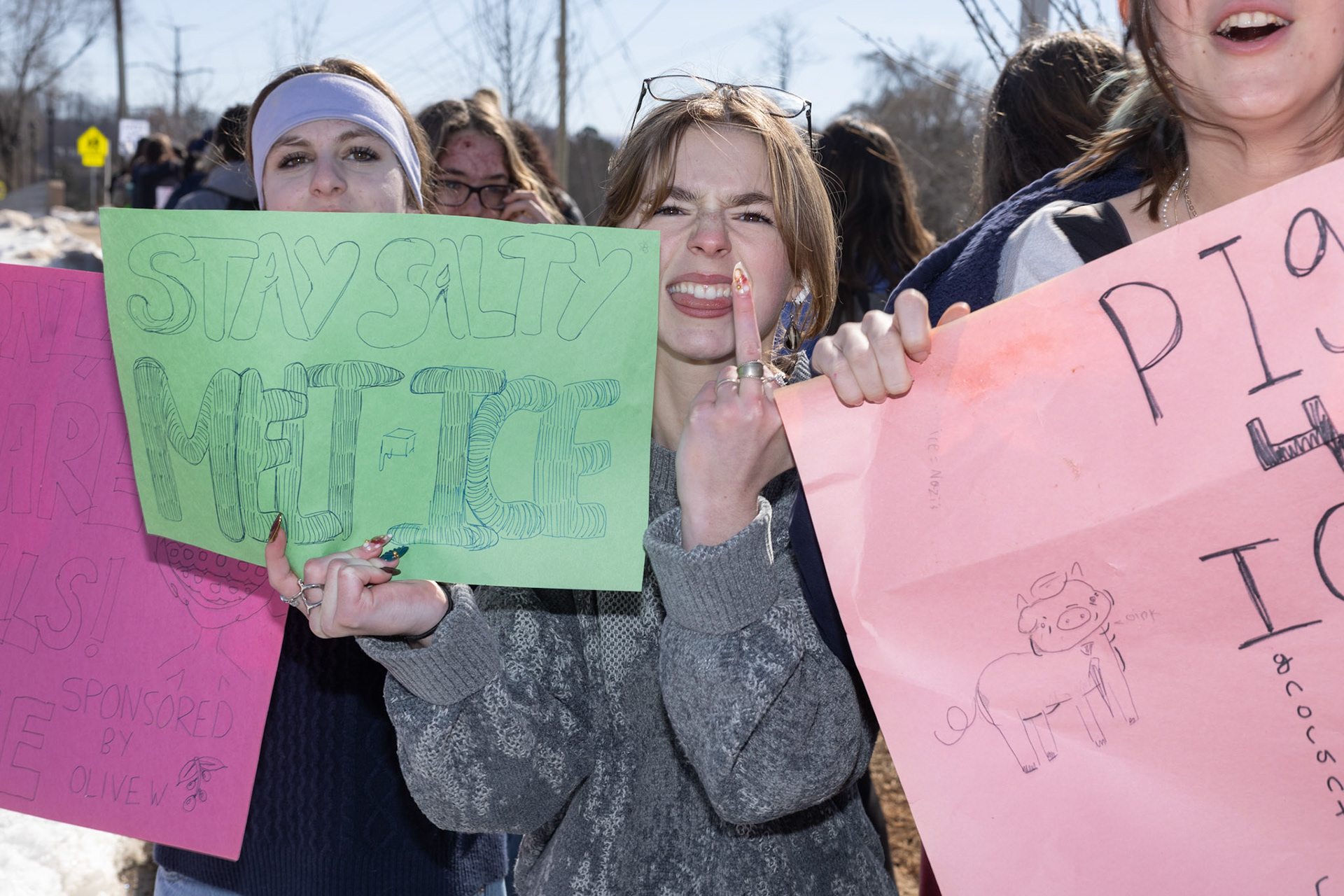 Sammy Gaughn, Avery Hoppe, and Coco Powers partake in an anti-ICE walkout. February 9, 2026 