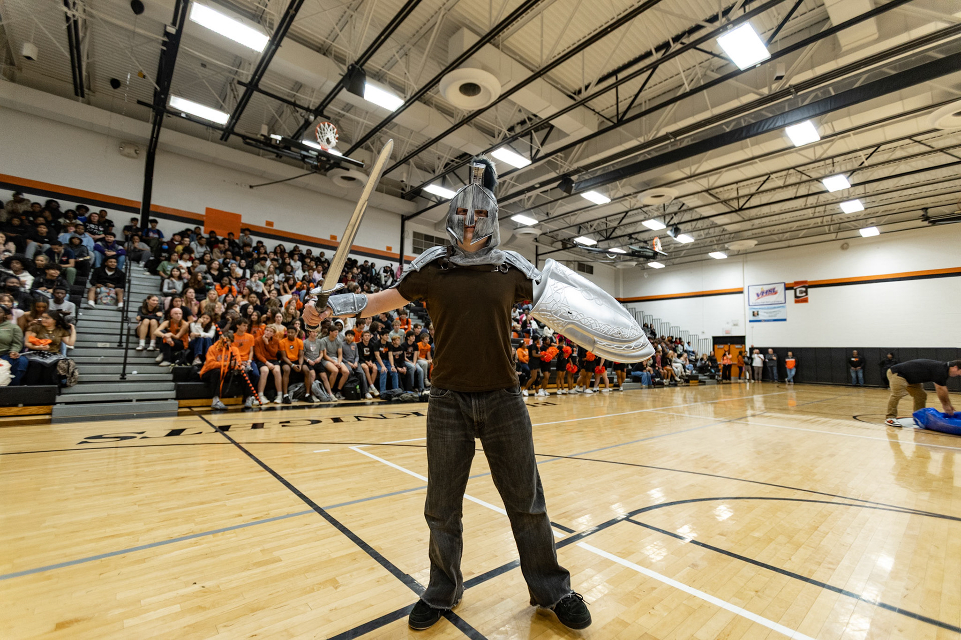 Jack Wheeler dresses as Charlottesville High School's mascot the black knight for a pep rally.