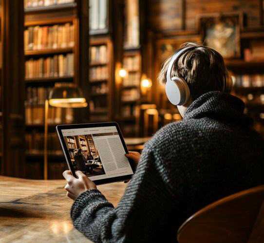 Alt Text: A person seated in a library with warm light holds a tablet displaying an open book, wearing headphones to indicate screen reader use. Wooden bookshelves blur in the background. The image is AI generated.