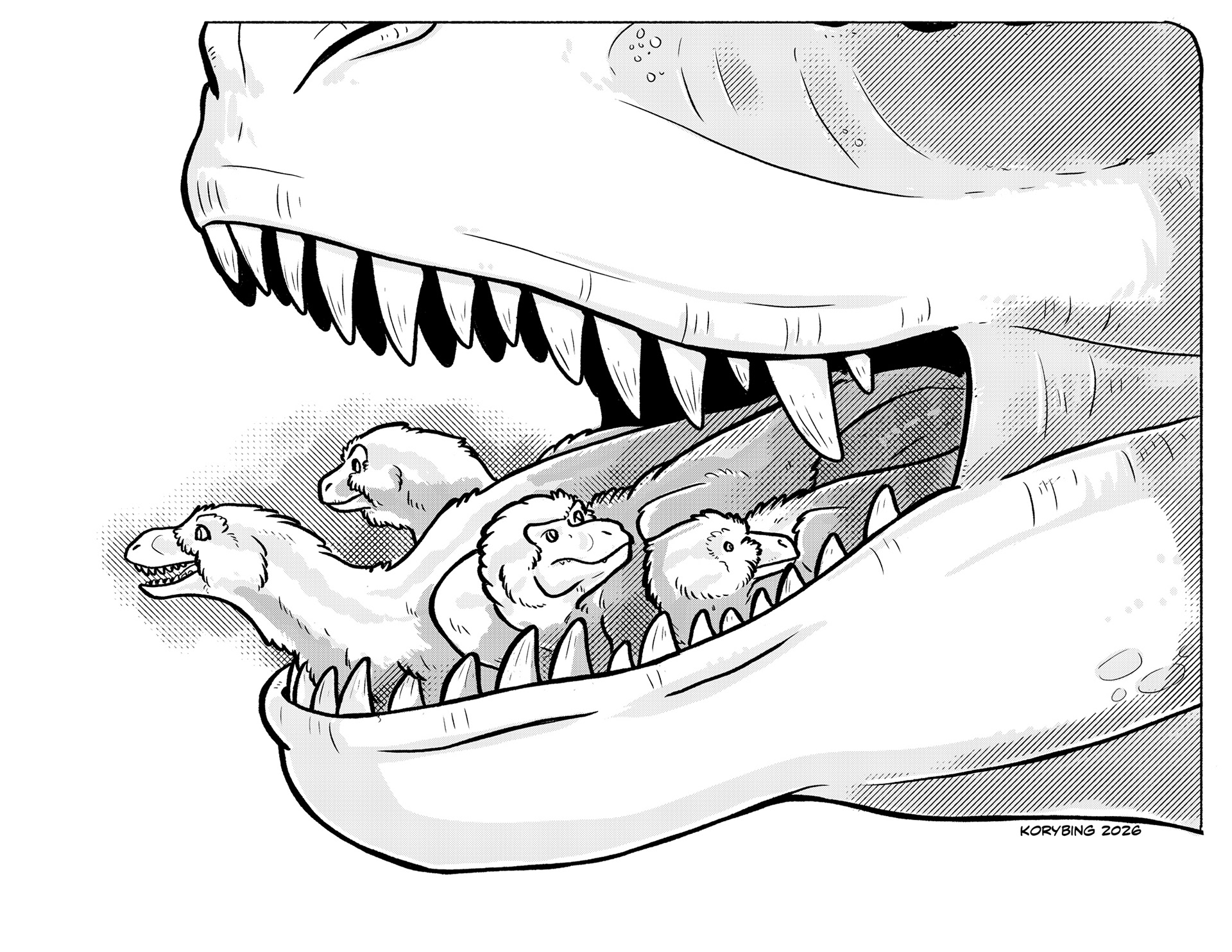 Hatchling Tyrannosaurs in the mouth of their Mother