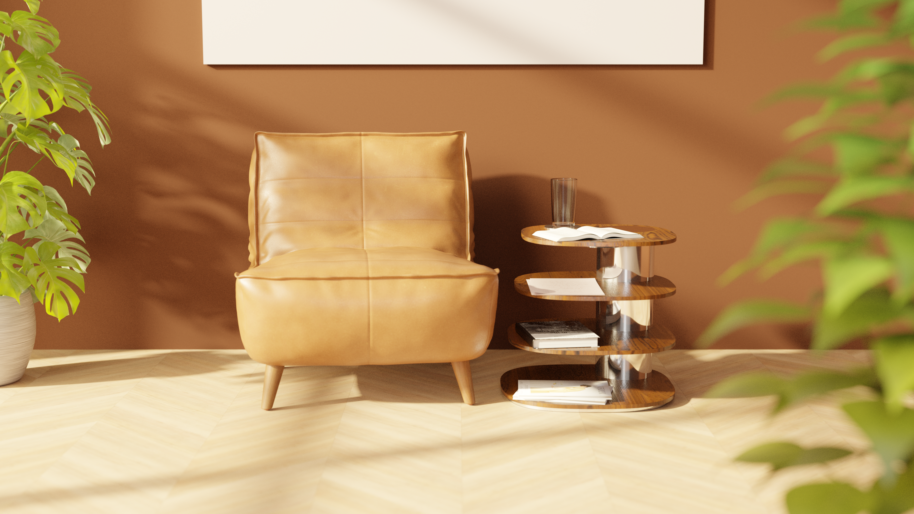 Lounge Chair Side Table Book Shelf, Modelled in Solidworks, Blender Render with Blenderkit Assets