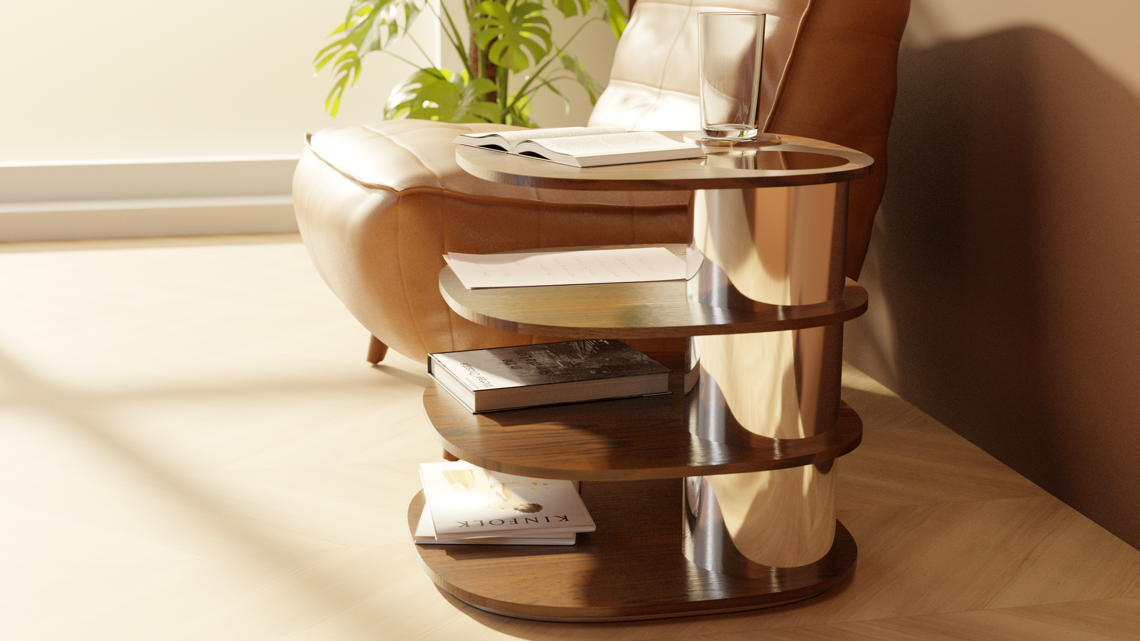 Lounge Chair Side Table Book Shelf, Modelled in Solidworks, Blender Render with Blenderkit Assets