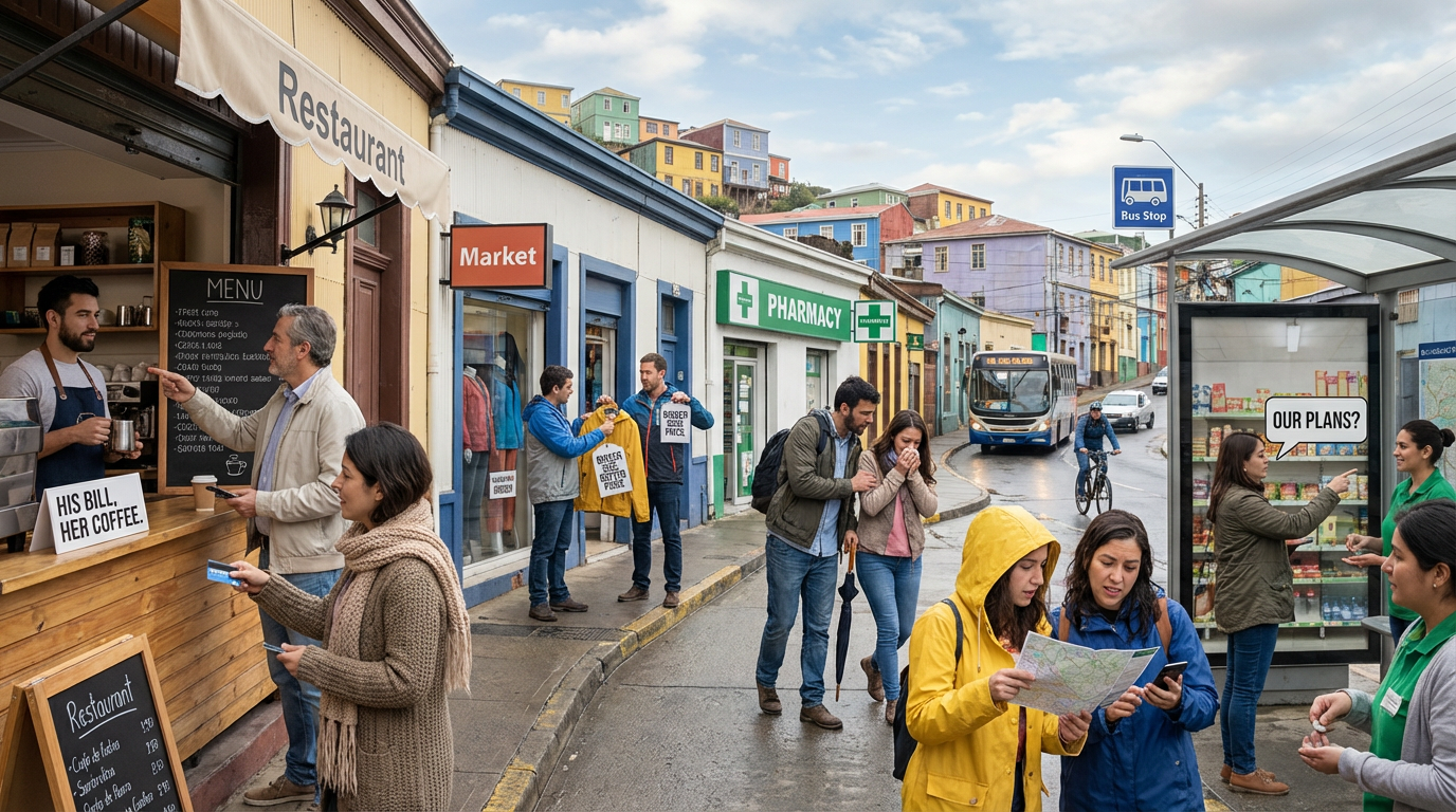 Adultos latinos en una plaza urbana de Valparaíso, Chile, pidiendo comida, comprando ropa, comparando precios, visitando un médico, haciendo planes e intercambiando invitaciones. La escena incluye carteles en inglés, elementos del clima, transporte y entorno urbano.