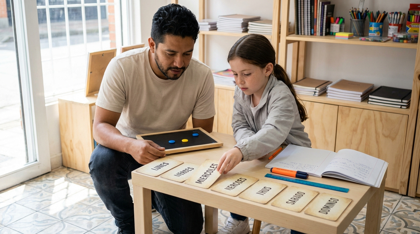 Una escena cotidiana en una librería-papelería de barrio en Medellín, Colombia, a media mañana; estanterías de madera clara, cuadernos y marcadores visibles, luz suave entrando por la vidriera y sombras reales sobre el piso de baldosa. En primer plano, un hombre latino de unos 34 años, piel trigueña, barba corta, cabello negro ligeramente ondulado, camiseta ligera color beige claro #E5DFD4 y jeans oscuros; a su lado, una niña de unos 9 años con cabello castaño en cola baja, pecas suaves, chaqueta liviana gris #737373 y tenis blancos.  Ambos ordenan un set de tarjetas grandes con los días de la semana sobre una mesa: lunes a domingo, tipografía clara y legible; tarjetas de cartulina mate con bordes ligeramente gastados. La niña coloca “miércoles” mientras el adulto sostiene una pequeña pizarra negra #000000 con imanes azul principal #233EFF y amarillo #FFD13F como acentos; un resaltador naranja #F7921E y una regla azul secundario #548DF0 descansan junto a un cuaderno abierto. Acción tranquila y natural, concentración amable, sin dramatismo.  Imagen hiperrealista estilo fotografía cinematográfica, plano medio cercano a 1.2 m, lente 35mm, profundidad de campo moderada con fondo suavemente desenfocado, nitidez natural en piel, telas y papel, grano muy sutil; nada de piel plástica. Iluminación neutral realista, balance de blancos cálido leve, reflejos coherentes en superficies. 