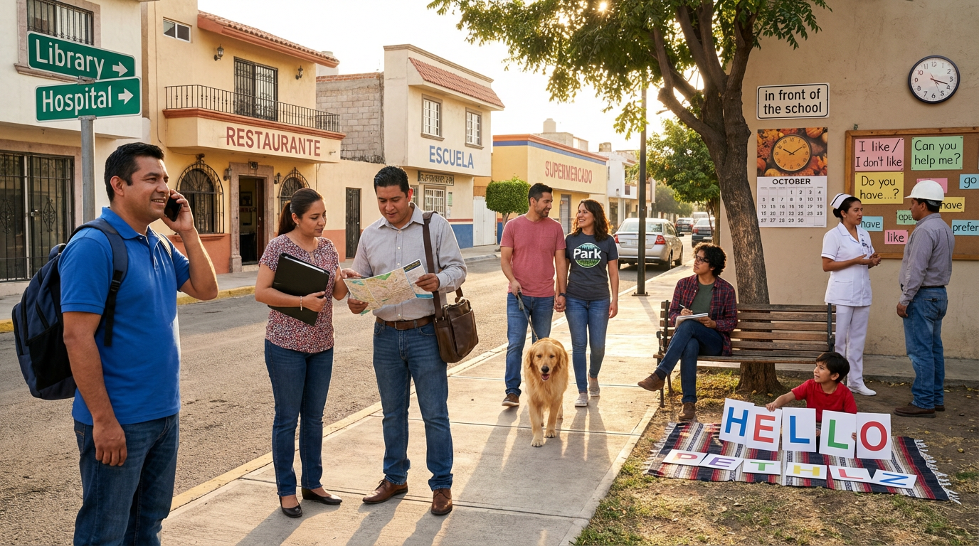  imagen hiperrealista ambientada en un barrio urbano de Montevideo, Uruguay, con luz natural suave de la tarde y cielo parcialmente nublado. Muestra una escena callejera realista con señalización en inglés (ej. "Traffic Light", "Library", "Bank"), y elementos auténticos del entorno local como fachadas bajas, árboles y un parque cercano.  Incluye tres adultos latinos de apariencia real (no modelos), entre 30 y 50 años, vestidos con ropa casual típica del clima templado: jeans, chaquetas ligeras, mochilas o bolsos. Uno de ellos pregunta direcciones con un mapa o teléfono en mano; otro responde señalando. Representa todos los bloques de práctica: un semáforo, un parque, un cruce de calle, la escuela, el banco, el supermercado. La escena debe ser visualmente limpia, sin estereotipos ni decoración exagerada, con espacio negativo bien aprovechado y jerarquía visual clara.