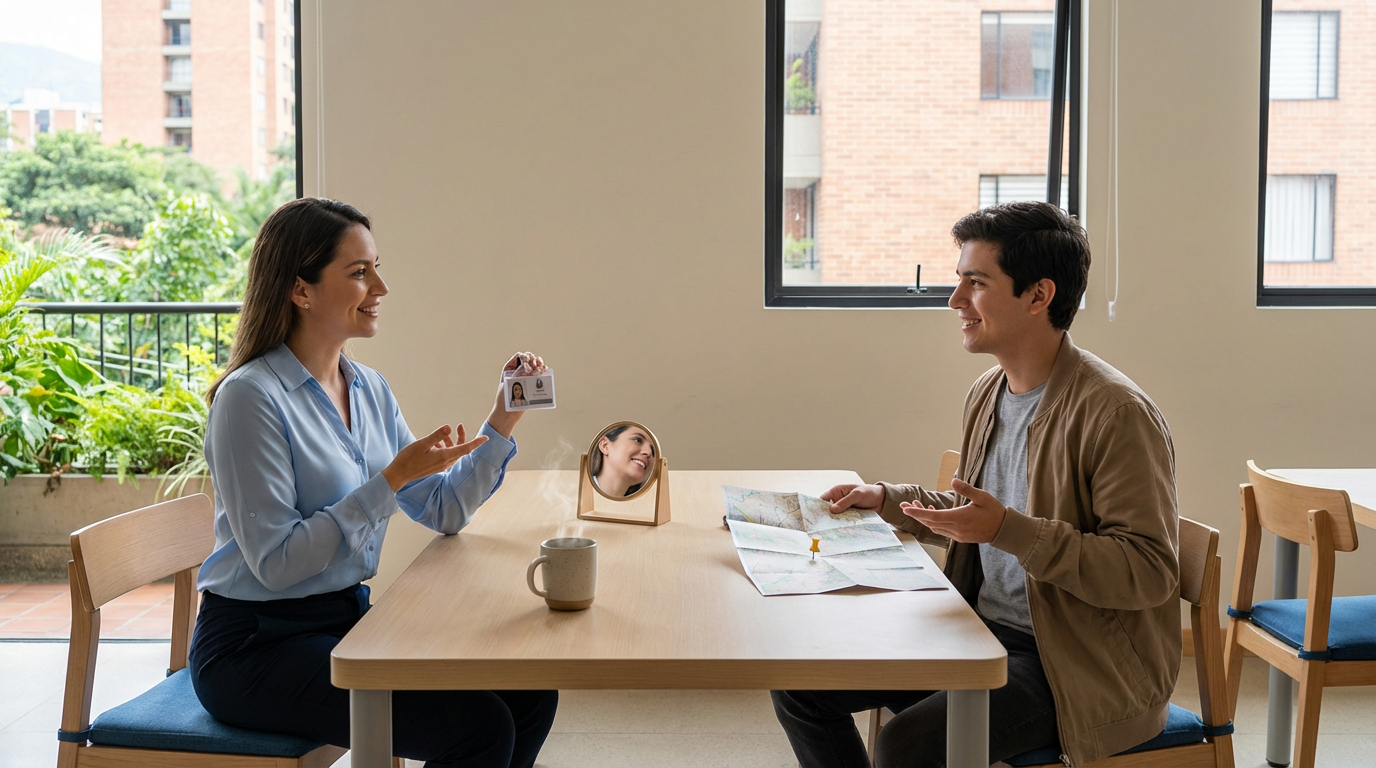 Escena cotidiana en aula: una profesora y un estudiante comparan identidad (credencial) y ubicación (mapa con pin), mostrando con gestos la diferencia del verbo ser y estar en inglés, con luz natural y fondo minimalista.