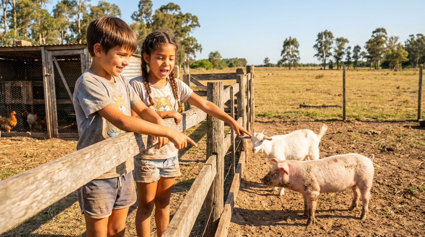 Dos niños observan animales en una granja, señalando un cerdito y diciendo sus nombres en inglés, ilustrando el vocabulario de animales en inglés.