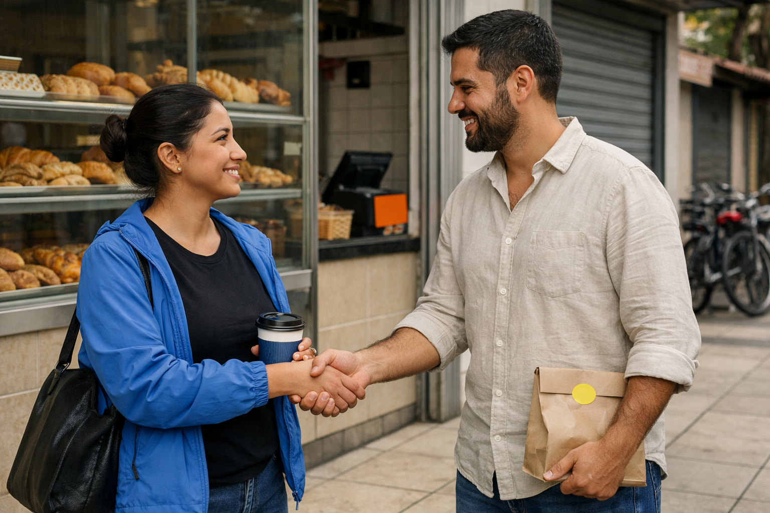 Una imagen hiperrealista estilo fotografía cinematográfica en Medellín, Colombia, en una mañana templada; una acera frente a una panadería de barrio con vitrinas de vidrio limpio, baldosas beige claro #E5DFD4 y una puerta metálica gris #737373, bicicletas al fondo y luz neutra suave.  Plano medio a 1.5 m, lente 50mm, profundidad de campo moderada con fondo ligeramente desenfocado; detalle natural en piel, poros y telas, sin brillo plástico, grano muy sutil, sombras coherentes bajo aleros.  Dos adultos latinos: una mujer de ~30 años, piel trigueña, cabello oscuro recogido, camiseta negra #000000 y chaqueta ligera azul secundario #548DF0; un hombre de ~35 años, barba corta, piel morena clara, camisa de lino beige y jeans. Se encuentran a la salida, se miran con calidez y realizan un saludo básico: sonrisa discreta y un apretón de manos natural, codos relajados.  Objetos nítidos y coherentes: vaso de café para llevar con tapa negra y una banda azul principal #233EFF, una bolsa de papel con pequeño sello amarillo #FFD13F, un letrero pequeño naranja acento #F7921E junto a la caja registradora visible por la vitrina; materiales reales (papel, plástico mate, metal).  Evitar cartoon, ilustración, anime, render 3D; sin rostros duplicados, sin manos deformes, sin proporciones irreales, sin texto ilegible, sin superficies tipo porcelana; realismo cotidiano, coherencia física y detalle natural.