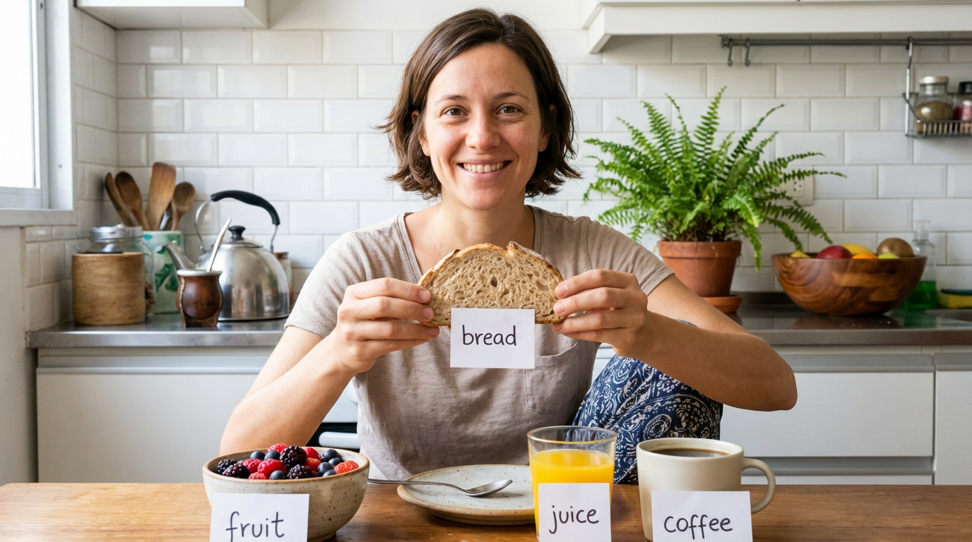 Persona adulta en una cocina realista de Buenos Aires, con platos de comida típica (pan, frutas, jugo, café). Cada alimento está etiquetado en inglés. Hay luz natural entrando por la ventana. El entorno es hogareño y limpio, con detalles locales como azulejos blancos, mate y frutero de madera. El enfoque muestra claramente texturas, colores y etiquetas en los alimentos.