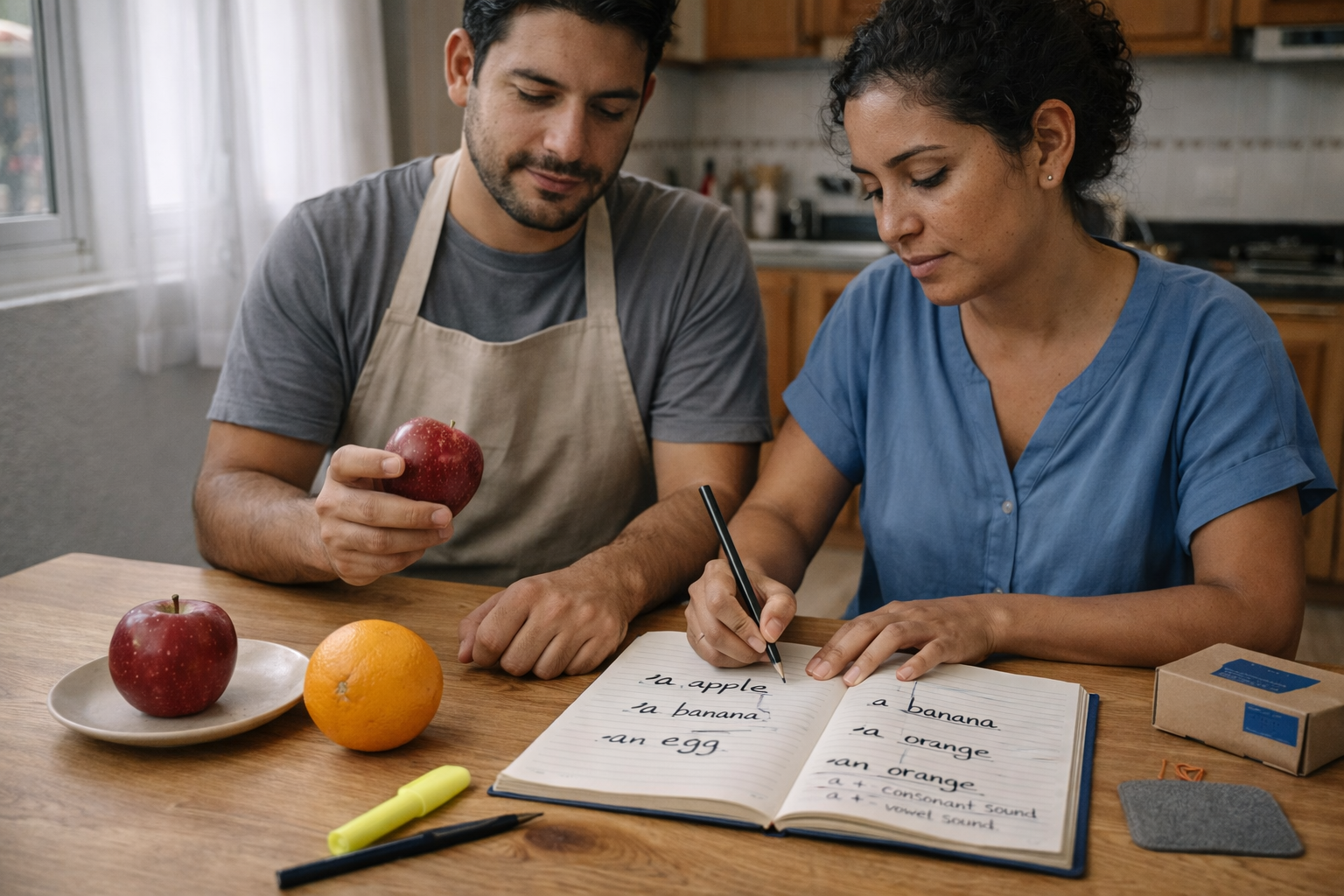 Cocina hogareña y ordenada en San José, Costa Rica, tarde cálida con luz natural neutral entrando por una ventana con cortina ligera; sombras suaves sobre una mesa de madera. Sobre la mesa hay objetos cotidianos perfectamente visibles y coherentes: una manzana roja brillante con pequeñas motas, un huevo en un plato beige claro #E5DFD4, una naranja con cáscara porosa, un cuaderno abierto con borde azul principal #233EFF, un resaltador amarillo #FFD13F, un lápiz negro #000000 y un portavasos gris #737373; una pequeña caja de cartón con etiqueta azul secundario #548DF0 y un clip naranja acento #F7921E como detalles sutiles.  Dos personas latinas: un hombre de unos 33 años, piel trigueña con textura real, barba leve, camiseta gris #737373 y delantal sencillo; junto a él, una mujer de unos 31 años, cabello negro rizado recogido, piel morena, blusa ligera azul secundario #548DF0. Están practicando artículos indefinidos “a” y “an” de forma natural: él sostiene la manzana mientras ella escribe en el cuaderno; ambos miran los objetos y comentan sin dramatismo, concentrados y tranquilos. En el cuaderno se leen claramente ejemplos reales y correctos, con caligrafía legible: “a apple” tachado y corregido a “an apple”, “a banana”, “an egg”, “a orange” tachado y corregido a “an orange”, y una nota breve: “a + consonant sound / an + vowel sound”. Todo el texto debe verse nítido y sin palabras deformadas.  Plano medio cercano desde la altura de la mesa, estética de fotografía cinematográfica hiperrealista; lente 50mm, profundidad de campo moderada que mantiene nítidos rostros, manos, cuaderno y frutas, con fondo suavemente desenfocado. Piel con poros y detalle natural (sin apariencia plástica), telas con fibras visibles, madera con vetas, frutas con textura realista; iluminación neutral, sombras coherentes, grano muy sutil opcional. Colores corporativos solo como acentos discretos en útiles y etiquetas (sin teñir toda la escena).  Evitar estética cartoon, ilustración, anime, render 3D, superficies tipo porcelana, rostros duplicados, manos deformes o dedos extra, proporciones irreales, objetos flotando, reflejos imposibles, y texto borroso o ilegible; mantener realismo cotidiano y coherencia física absoluta.